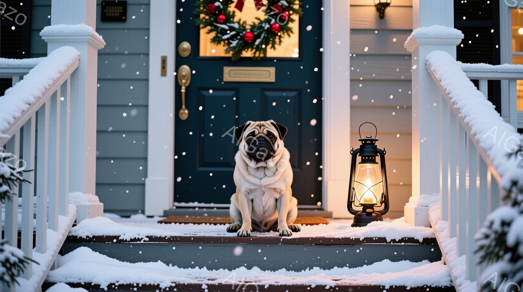 雪が降る中、クリーム色のパグが家の外階段に座っています。パグは前をまっすぐ見つめ、落ち着いた表情をしています。背景には、クリスマスリースが飾られた濃い青色のドアと、灯りがともったランタンがあり、冬の暖 - AI生成フリー素材