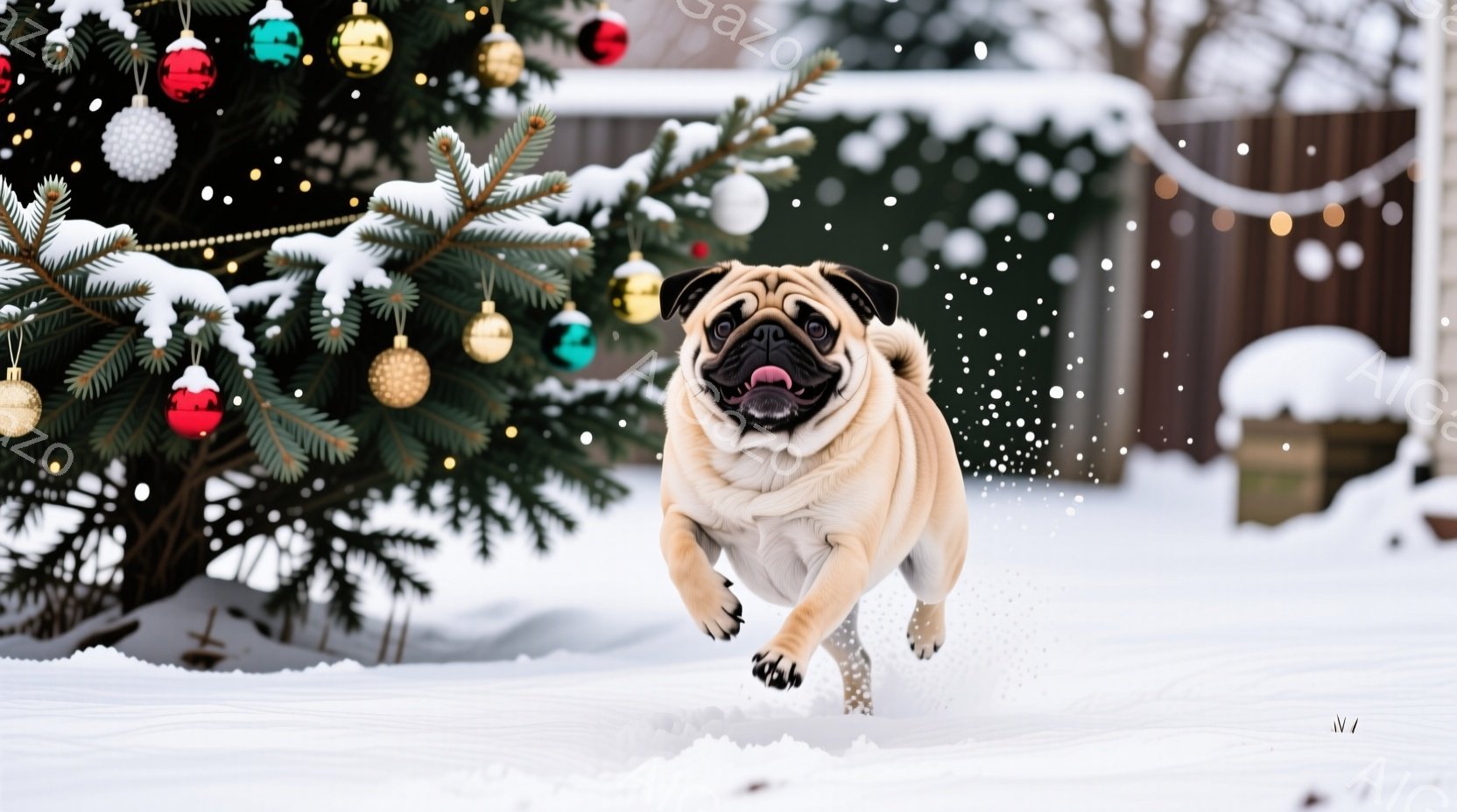 白い雪景色の中に、タン色のパグが躍動的に走り出しています。背景にはクリスマスツリーが飾られ、雪片が舞い散る冬の暖かい雰囲気を演出しています。パグは口を開けて舌を出し、楽しそうに雪の中を駆け抜けています - AI生成フリー素材