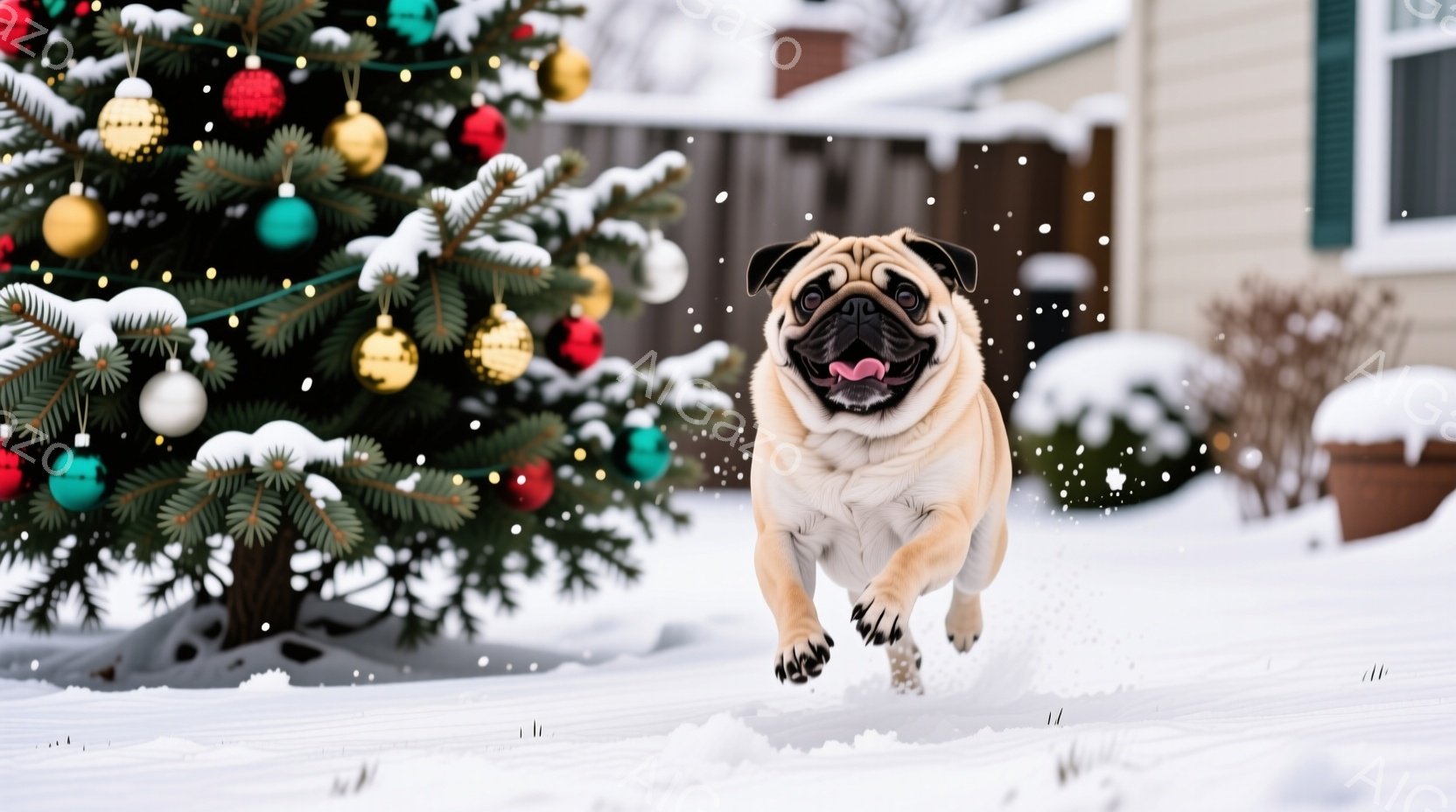 白い雪景色の中で、茶色いパグが勢いよく走り出している。背景にはクリスマスツリーが飾られており、雪が舞う冬の暖かい雰囲気が漂っている。パグは口を開けて舌を出し、楽しげな表情で雪の中を駆け抜けている。 - AI生成フリー素材