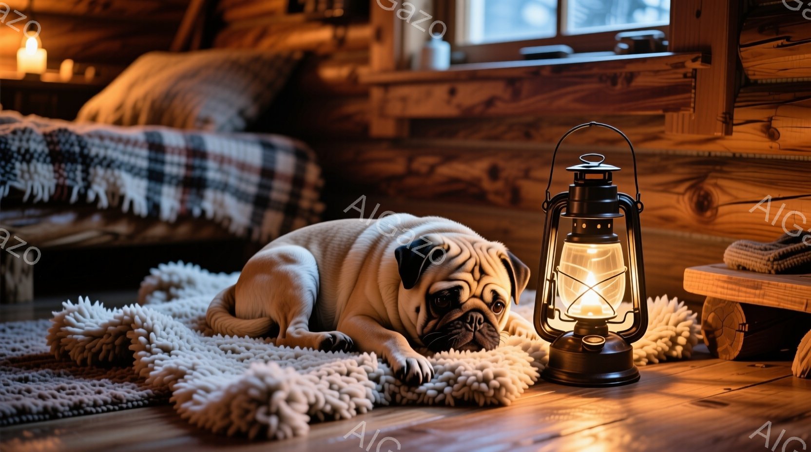 暖かい光に照らされた木造の部屋で、ベージュ色のパグがふわふわの白いラグの上に横たわっています。パグは目を細め、リラックスした表情を浮かべており、隣には点灯した古いオイルランプが置かれています。背景には、チェック柄のベッドと木製の壁があり、全体的に落ち着いた、居心地の良い雰囲気を醸し出しています。