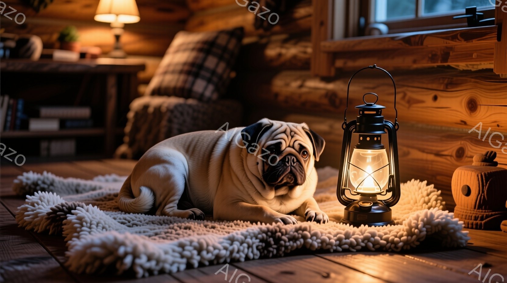 居心地の良い木製の床に、ふわふわの白いラグの上にパグが横たわっています。パグは少し眠そうな表情で、リラックスした様子が伺えます。背景には、キャンドルを灯したランタンと本棚が見え、暖かく穏やかな雰囲気が - AI生成フリー素材