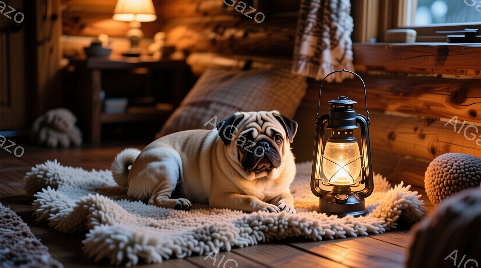 暖かい色の木製の床に、ふわふわの白いラグの上にパグが横たわっています。パグは少し不安そうに見える表情で、正面を見ています。背景には暖炉のような木の壁、クッション、そして灯油ランプの優しい光が広がってお - AI生成フリー素材
