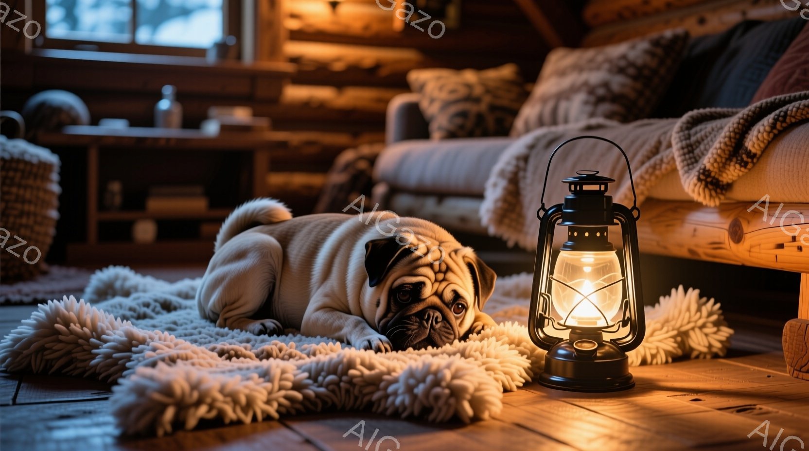 明るい色のラグの上に、ベージュ色のパグが横たわっています。パグはリラックスした表情で、少しだけ顔を上げてこちらを見ています。背景には木の壁とソファがあり、暖炉のようなランタンが置かれており、全体的に温 - AI生成フリー素材