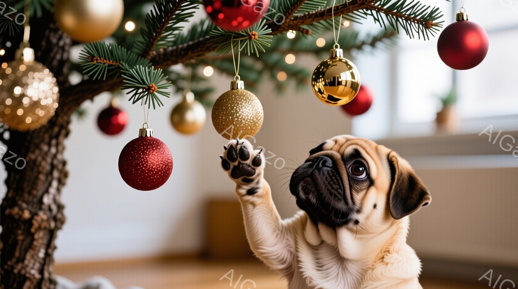 パグの子犬がクリスマスツリーのオーナメントに手を伸ばしている様子が写っています。子犬は口を開けて少し上を見上げており、好奇心旺盛な表情をしています。背景にはぼやけた室内が映り、暖かく、お祝いムードの漂 - AI生成フリー素材