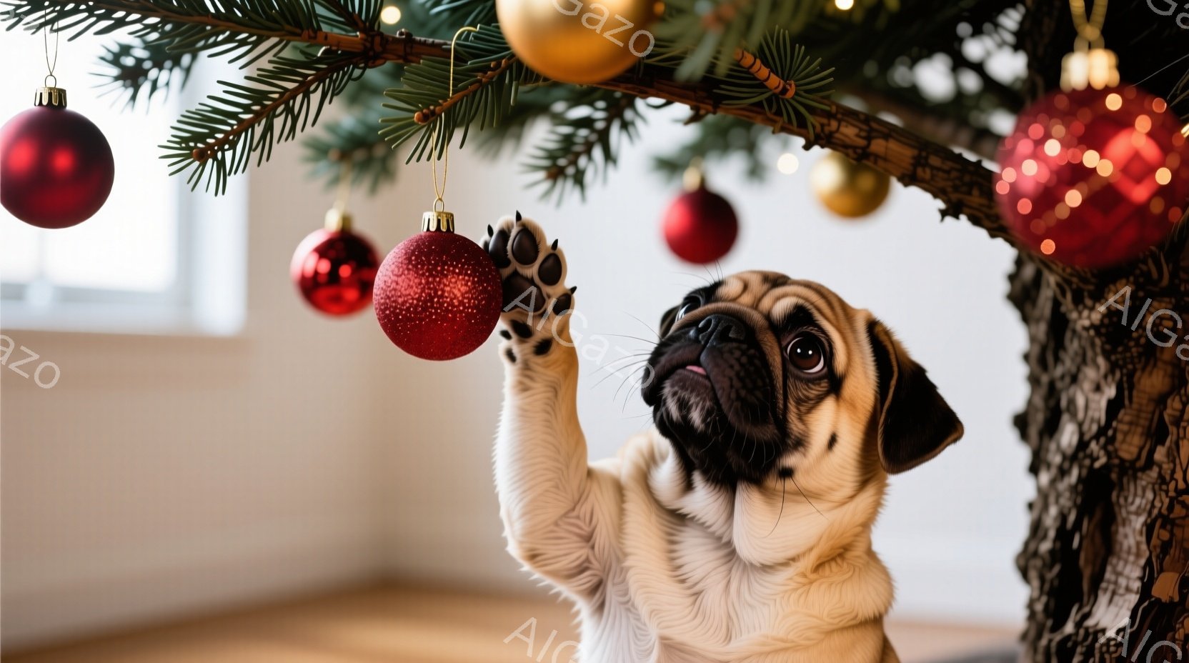 パグの子犬がクリスマスツリーの飾りを見上げている写真です。子犬はベージュ色の毛並みで、片足を伸ばして赤いオーナメントに触れようとしています。背景にはぼやけた壁と木製の床が見え、暖かく楽しいクリスマスの雰囲気が漂っています。