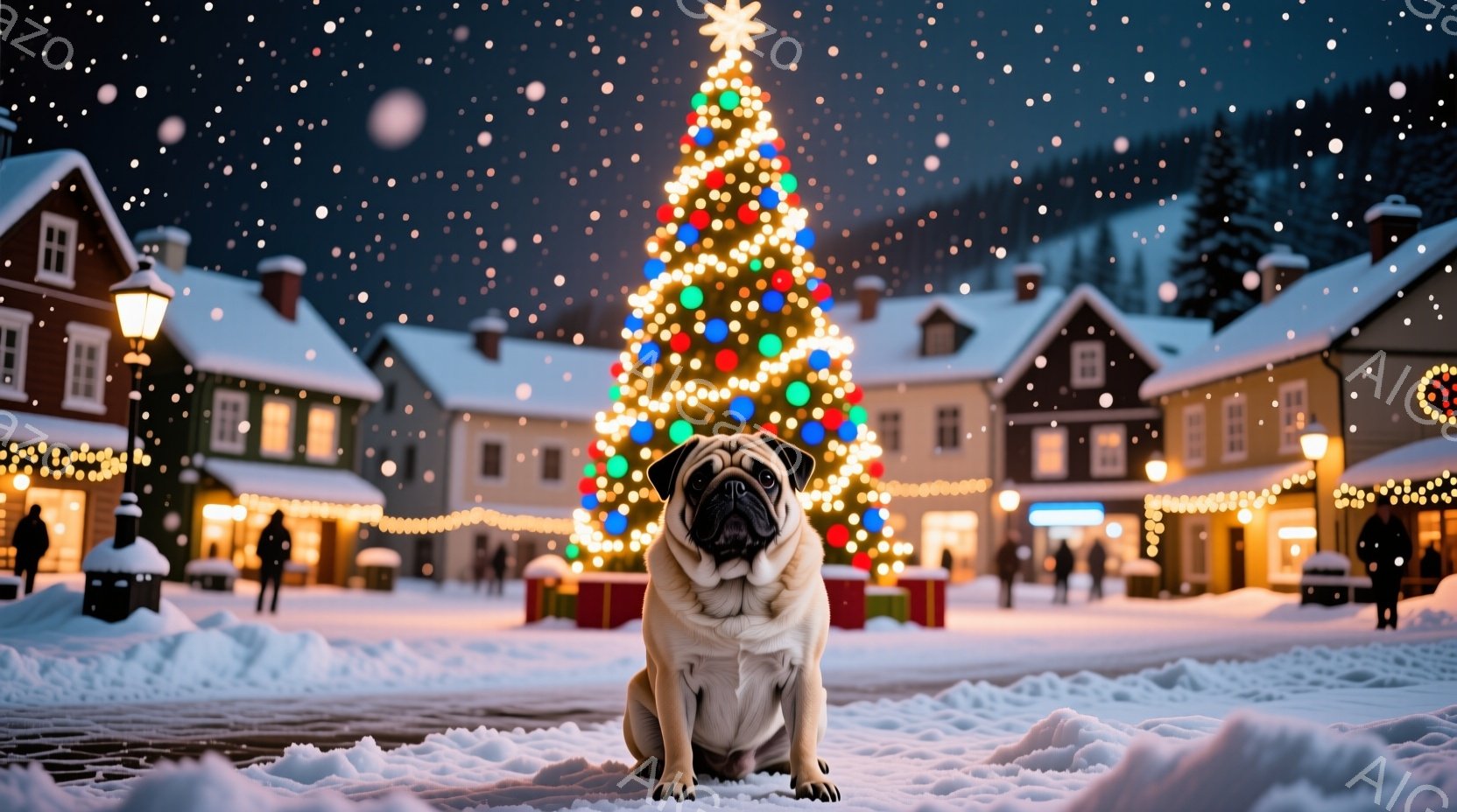 雪が舞うクリスマスの夜、広場の中央にパグが座っています。背景には、イルミネーションで飾られた建物やクリスマスツリーが並び、冬の温かく幻想的な雰囲気を醸し出しています。パグは正面を向き、落ち着いた表情で - AI生成フリー素材