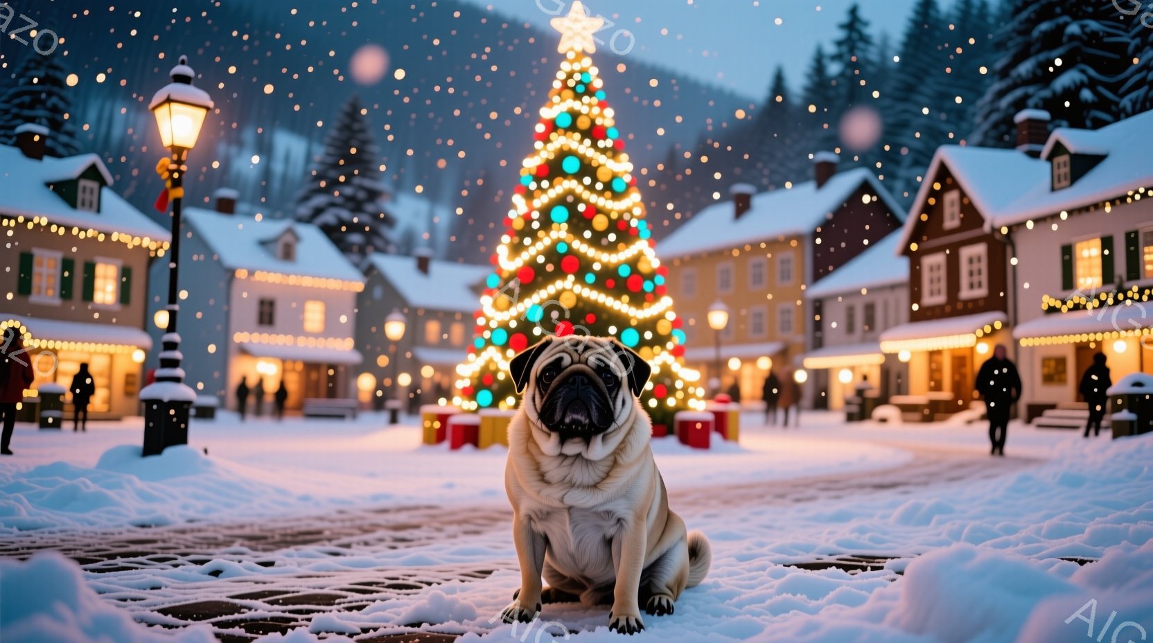 雪が降る広場の中央に、愛らしいパグが座っています。背景には、クリスマスツリーが輝き、可愛らしい建物が並び、冬の静かな雰囲気を醸し出しています。パグは前をまっすぐ見つめ、冬の風景の中でひときわ可愛らしい - AI生成フリー素材