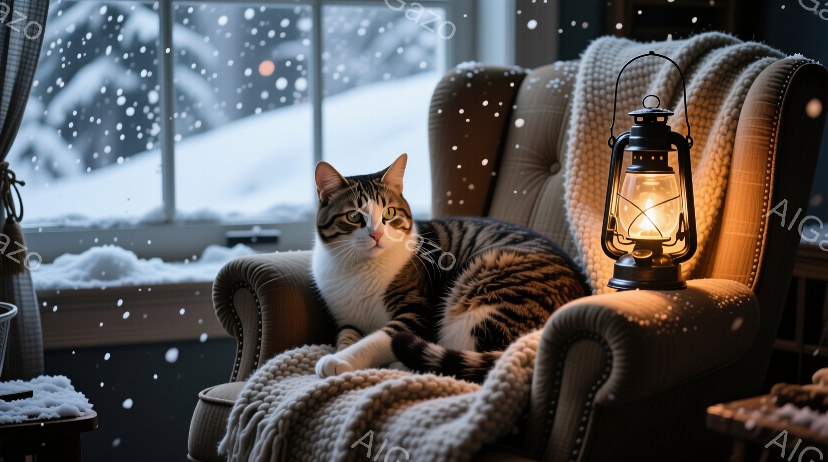 白と黒の縞模様の猫が、豪華な茶色の肘掛け椅子の座席にゆったりと横たわっています。窓の外は雪景色で、暖炉のような光を放つランタンが猫の横に置かれ、温かく居心地の良い雰囲気を醸し出しています。雪が降る冬の - AI生成フリー素材