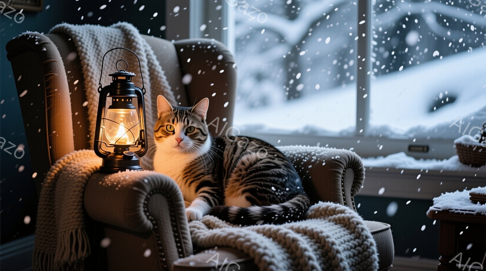 縞模様の猫が、暖炉のような灰色の肘掛け椅子にゆったりと横たわっている。椅子には柔らかそうな編み物のブランケットがかけられており、猫のそばには明かりを灯したランタンが置かれている。窓の外は雪景色で、暖か - AI生成フリー素材