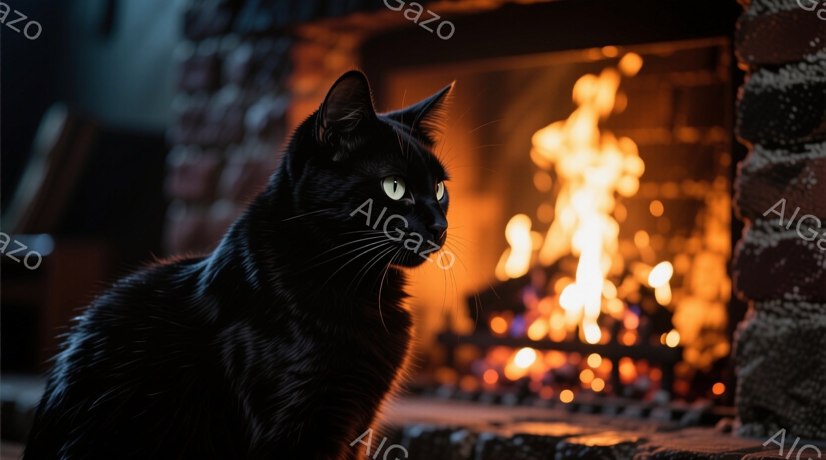 黒猫が正面を見据え、少し首を傾げています。猫の毛並みは艶やかで、目は緑色に光っています。背景には暖炉があり、燃え盛る炎と石造りの壁が猫のシルエットを引き立て、温かく居心地の良い雰囲気を醸し出しています。