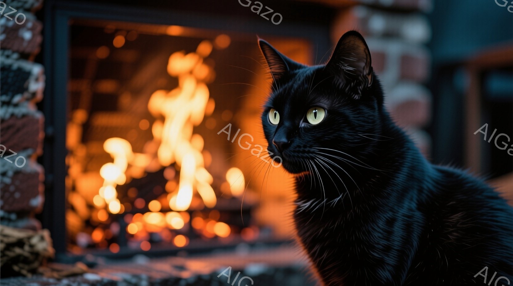 黒い毛並みの猫が、落ち着いた表情でこちらを見ています。背景には暖炉があり、オレンジ色の炎が猫の暗い毛色と鮮やかなコントラストを描いています。猫はリラックスした姿勢で、まるで暖炉の温かさを楽しんでいるかのようです。