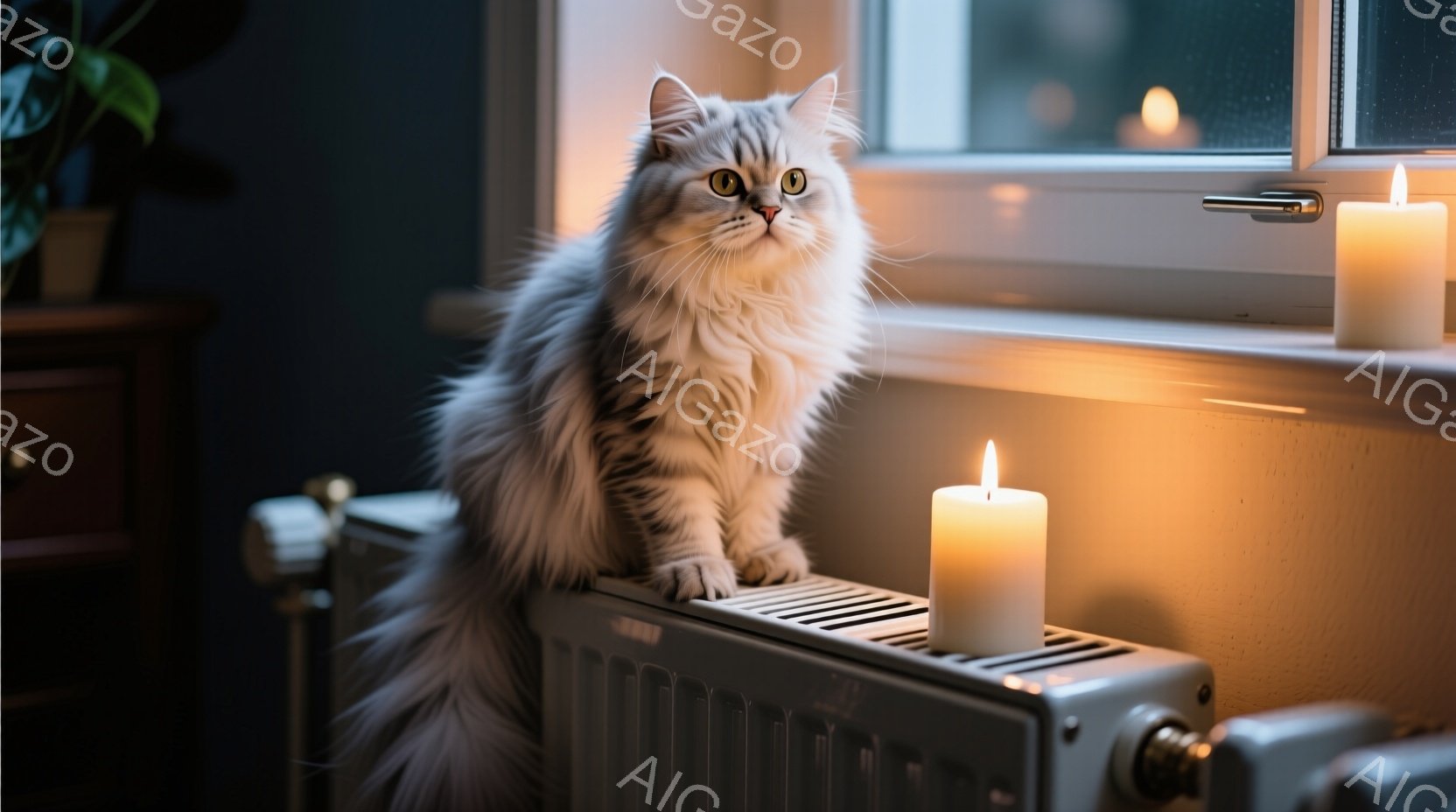 長毛の灰色の猫が、暖房器具の上で優雅に座っている。窓の外は雨が降っており、室内には暖かく柔らかな光が灯っているキャンドルが並んでいる。暖房器具とキャンドルの温かい光が、猫の毛並みを照らし出し、穏やかで落ち着いた雰囲気を醸し出している。