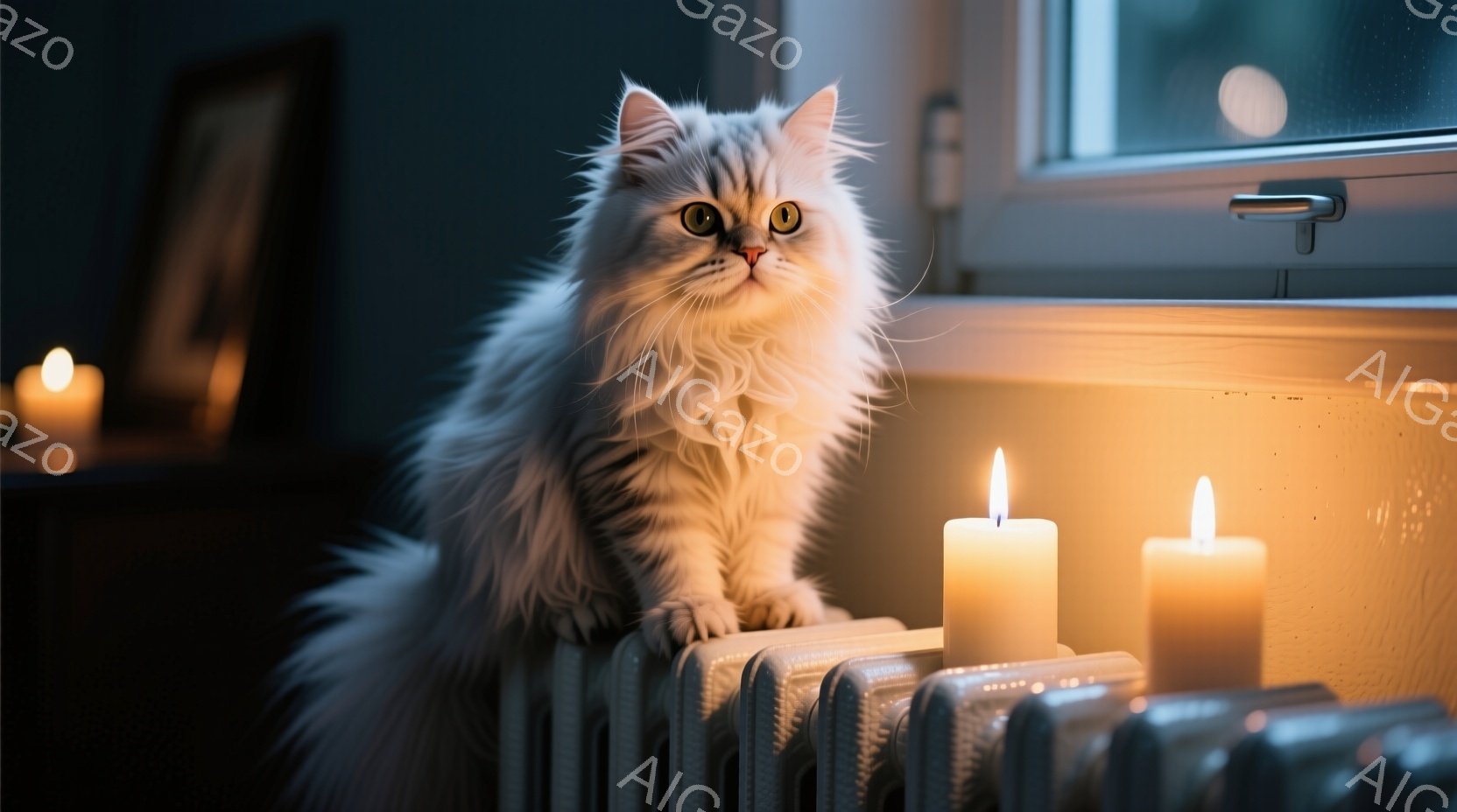 白い長毛の猫が、暖房器具の上で静かに座っている。背景には薄暗い部屋があり、暖炉の光が猫と暖房器具を照らし、穏やかで落ち着いた雰囲気を醸し出している。窓の外は夜で、ぼんやりとした光が差し込んでいる。
