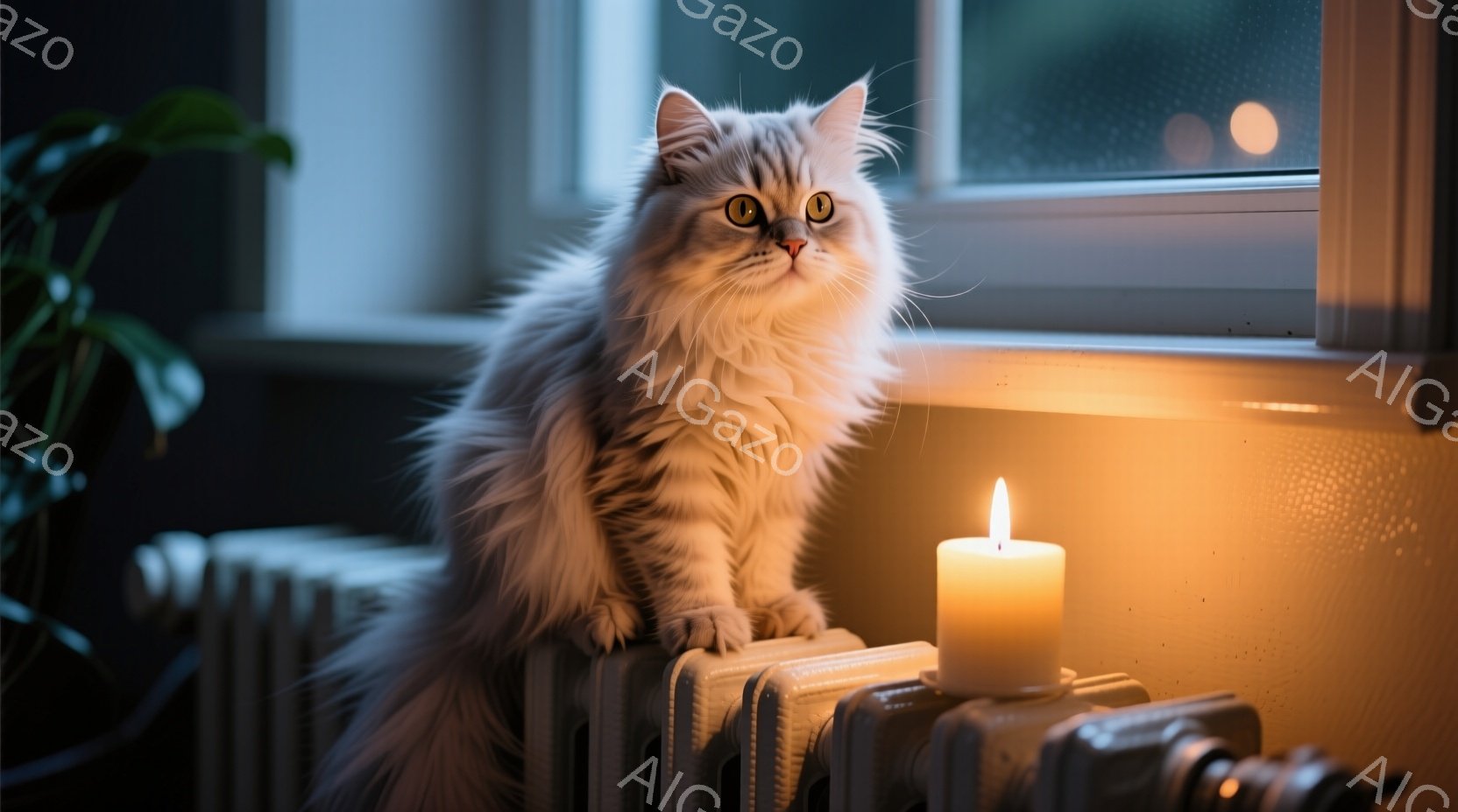 白い長毛の猫が、古いラジエーターの上に座って、カメラの方を見つめている。背景にはぼやけた窓があり、暖かく優しい光が猫とラジエーターのそばに置かれたキャンドルを照らしている。全体的に、落ち着いた温かい雰囲気で、猫の穏やかな表情が印象的である。