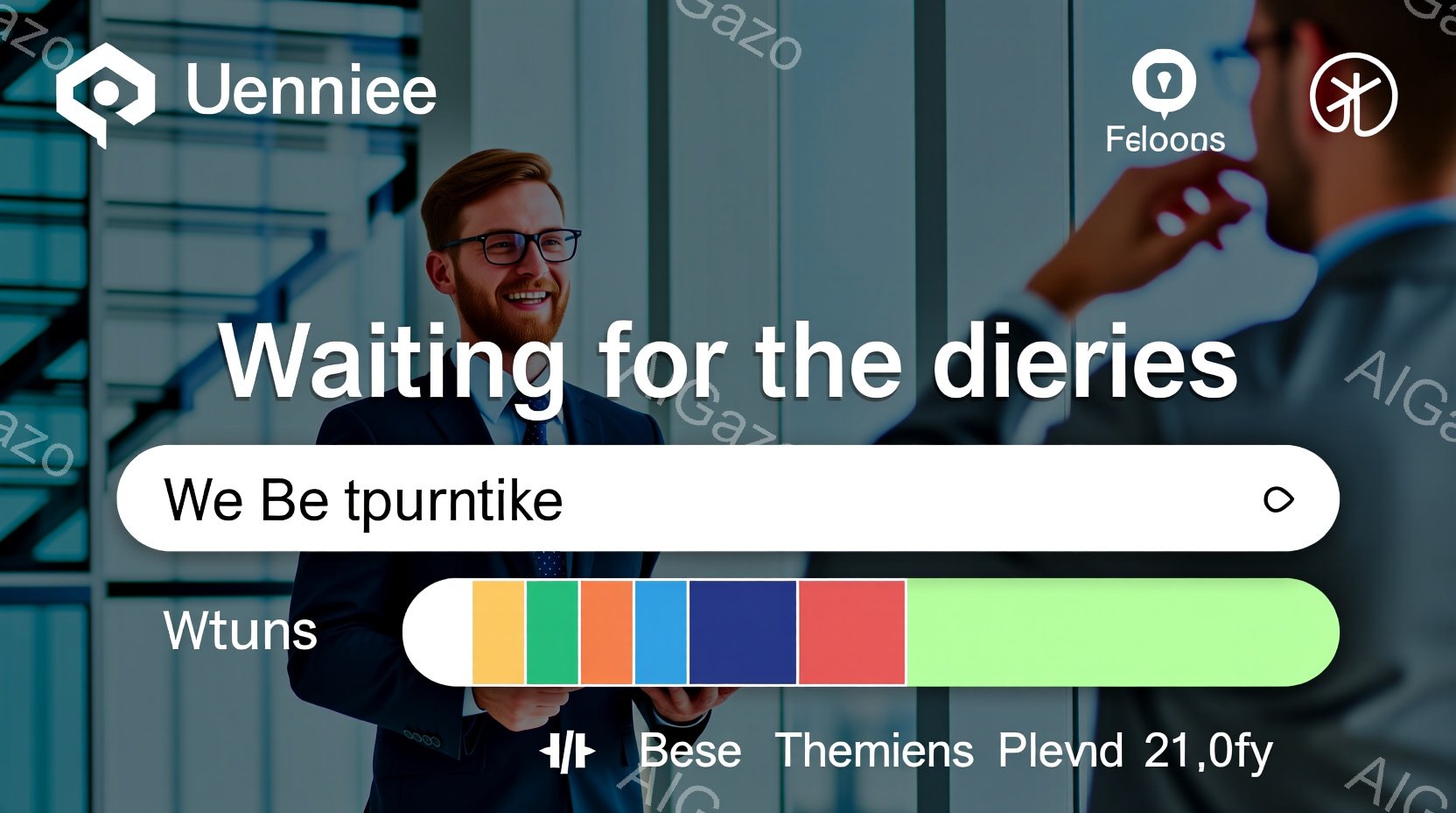 若い男性が紺色のスーツを着て、白いシャツを着用し、明るい笑顔を浮かべています。彼は片手を前に出し、何かに向かって歩いているように見え、自信と熱意に満ちた表情をしています。背景には、ガラス張りの建物が見え、現代的で洗練された雰囲気です。