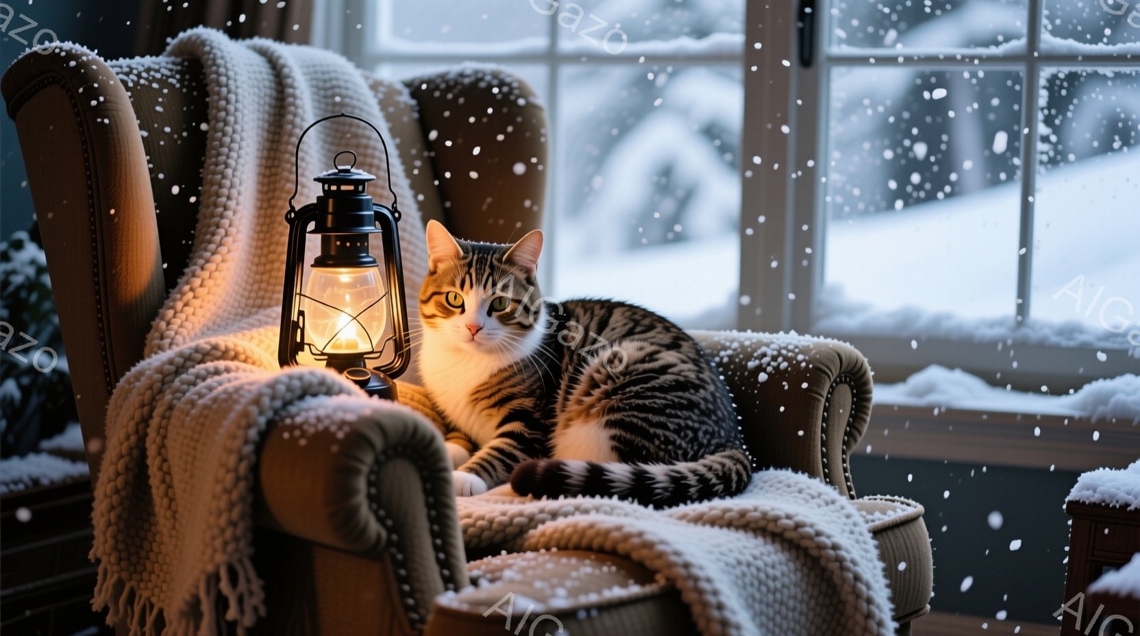 白いギフトボックスから顔を覗かせているビーグルの子犬が写っています。子犬は茶色と白の毛並みで、好奇心と少しの戸惑いをたたえた表情をしています。背景にはぼやけたクリスマスツリーと、赤や緑の輝くオーナメン - AI生成フリー素材