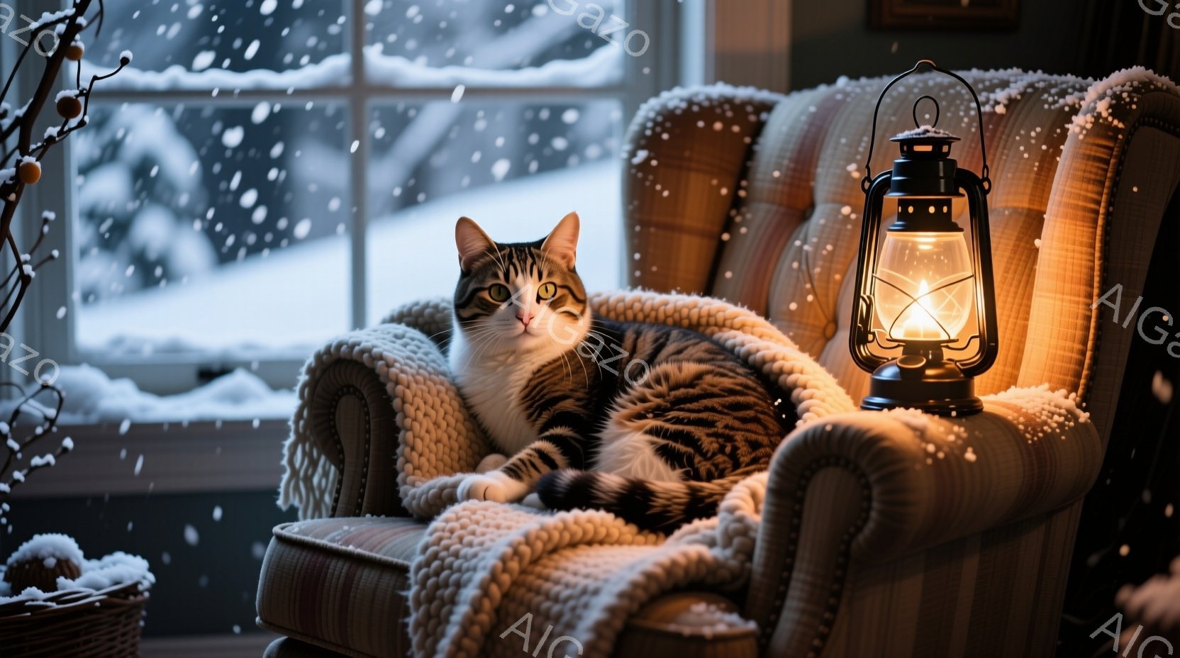 縞模様の猫が、格子柄の肘掛け椅子に丸まって横たわっています。椅子にはざっくりとした編み物のブランケットが掛けられており、窓の外は雪が降り積もる冬景色です。暖炉の灯りが猫と椅子を照らし、温かく穏やかな雰 - AI生成フリー素材
