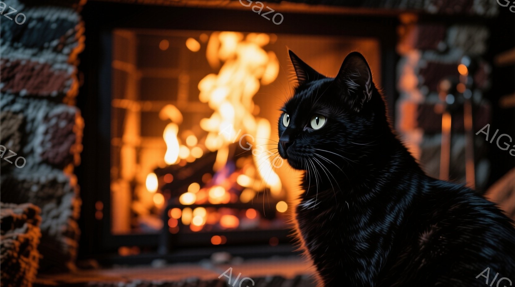 黒猫が暖炉の前に座り、少し横を向いて何かを見つめている。猫の毛並みは艶やかで、目は鮮やかな緑色をしている。背景には燃え盛る暖炉があり、暖かく心地よい雰囲気を醸し出している。