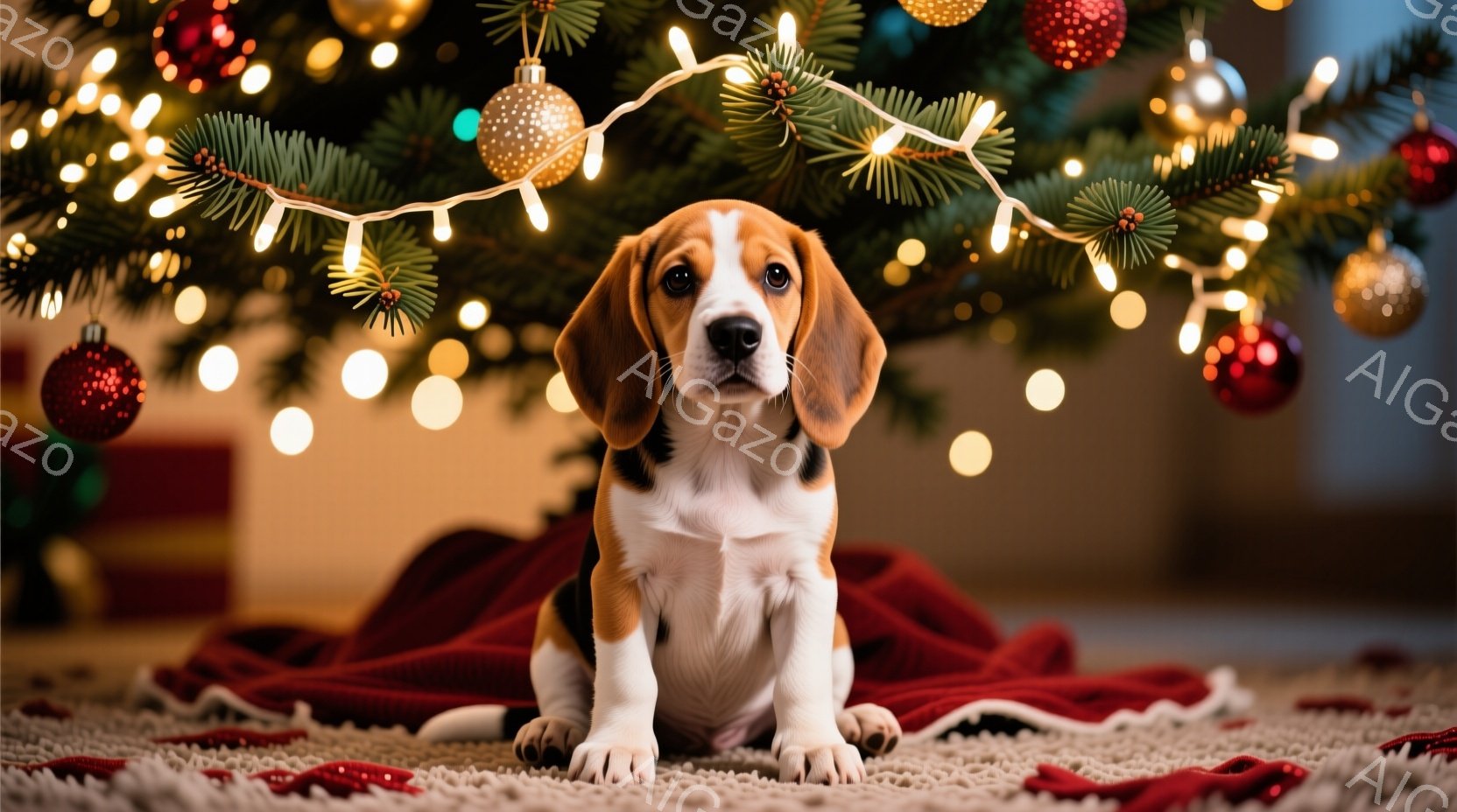 クリスマスツリーの下に、愛らしいビーグルの子犬が座っています。子犬は白、黒、茶色の毛並みで、つぶらな瞳でカメラを見つめており、おとなしい表情を浮かべています。背景には、赤や金色のオーナメントで飾られた - AI生成フリー素材