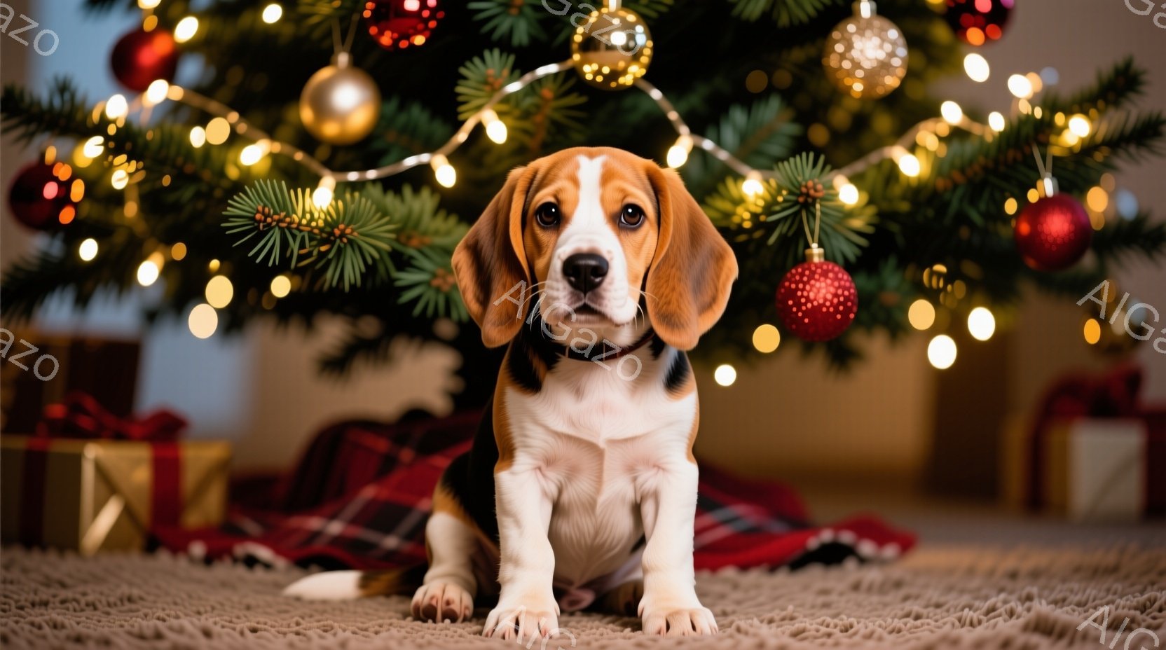 ビーグル犬がクリスマスツリーの前で座っています。明るい茶色の毛並みに白い足と胸元が特徴的で、首輪をつけています。背景には飾られたクリスマスツリー、赤い格子柄の布、そしてプレゼントの箱が見え、温かく華や - AI生成フリー素材