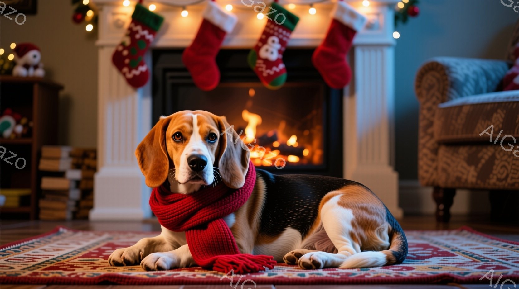 暖炉の前で、赤いマフラーを巻いたビーグル犬がリラックスして横たわっています。犬は正面を見ており、穏やかで優しい表情を浮かべています。背景には、クリスマス柄の靴下が暖炉の上のマントルピースに飾られ、暖か - AI生成フリー素材