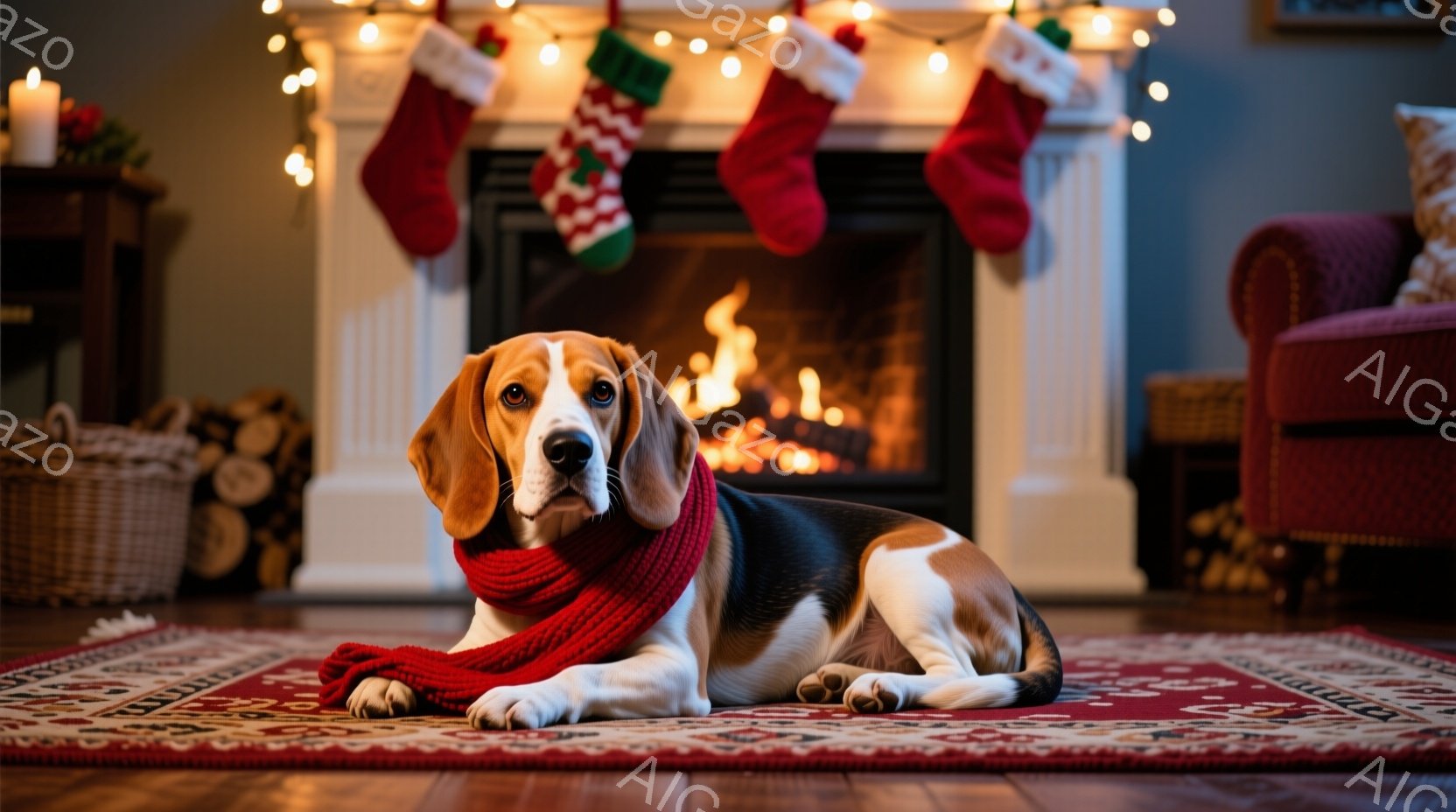 暖炉の前で首に赤いマフラーを巻いたビーグル犬がリラックスして横たわっています。背景にはクリスマスソックスが飾られ、暖炉の火が温かい光を放っています。部屋全体が心地よく、クリスマスの雰囲気に満ちています - AI生成フリー素材