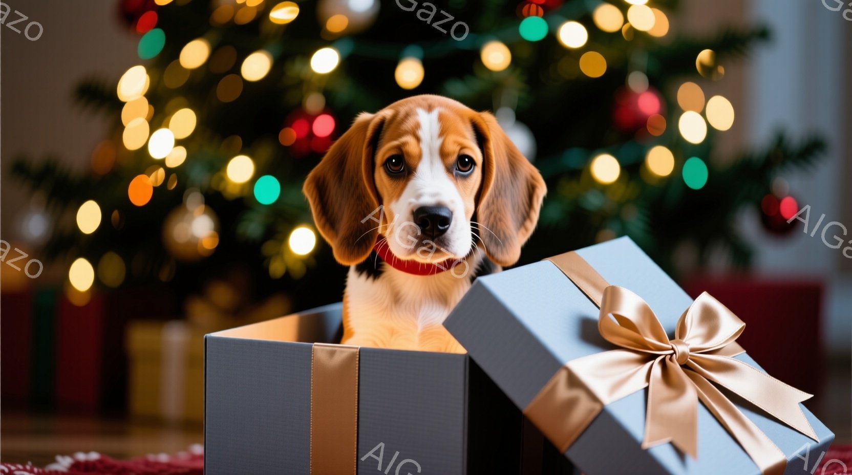 愛らしい子犬が、灰色のリボン付きのプレゼントボックスに座っています。子犬は茶色と白の毛並みで、好奇心と少しの戸惑いが入り混じった表情をしています。背景にはぼやけたクリスマスツリーの光があり、暖かくお祝 - AI生成フリー素材