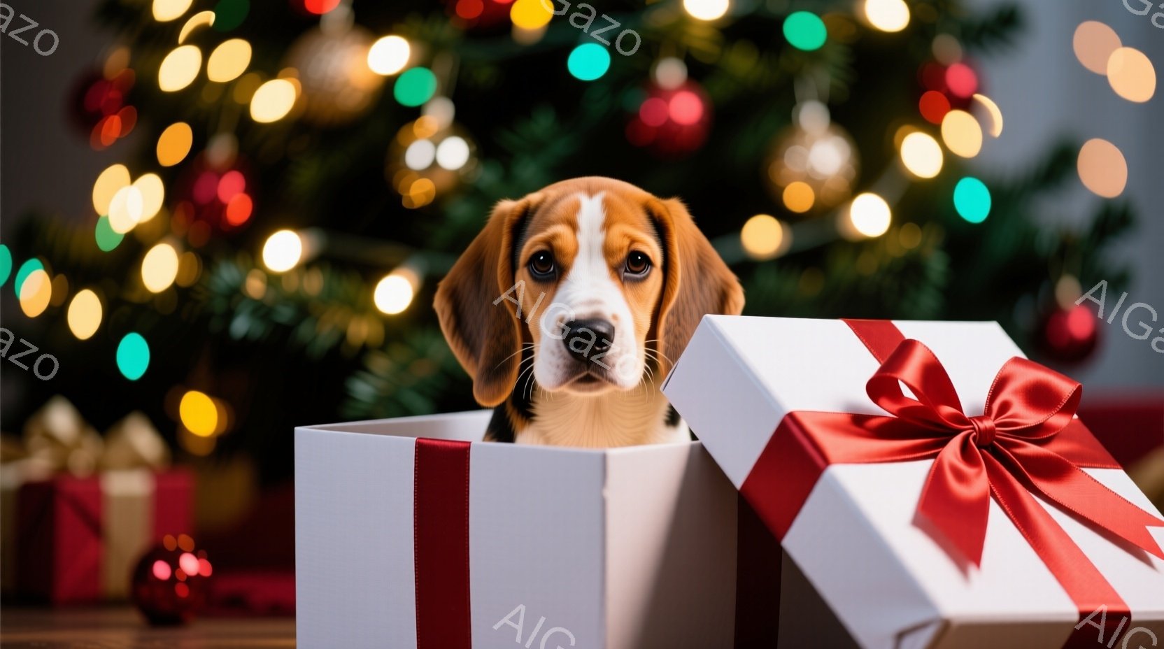 白いギフトボックスから顔を覗かせているビーグル犬の子犬が写っています。子犬は茶色と白の毛並みで、大きな茶色の瞳と好奇心旺盛な表情をしています。背景には、ぼやけたクリスマスツリーとカラフルなライトが見え - AI生成フリー素材