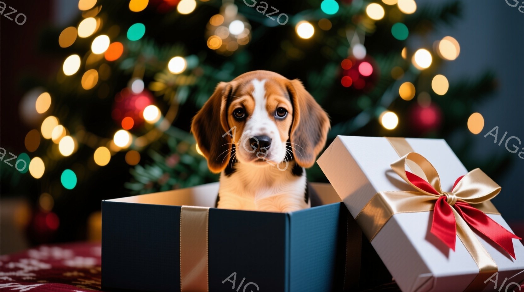 小さな子犬が、金色のリボンで飾られた紺色のギフトボックスの中に座っています。子犬は明るい茶色の毛並みで、好奇心と少しの戸惑いが混ざった表情でカメラを見つめています。背景にはぼやけたカラフルな光が散りば - AI生成フリー素材
