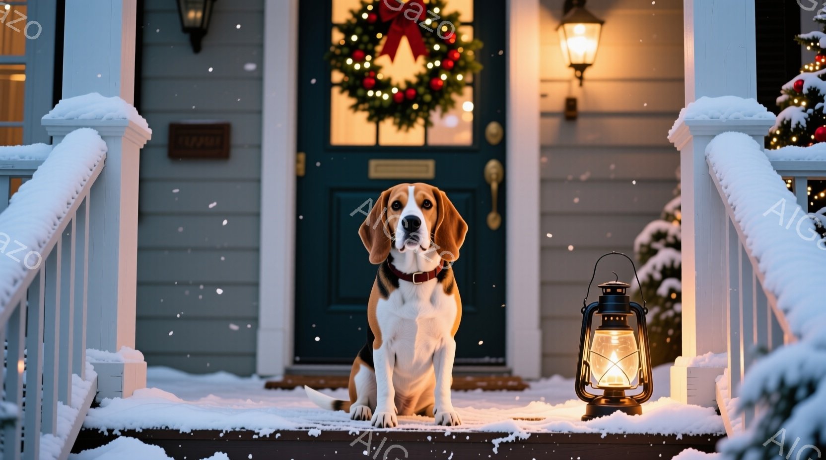 雪が降り積もる家の階段に、ビーグル犬が座って正面を見つめています。クリスマスのリースが飾られた玄関ドアと、灯されたランタンが暖かく穏やかな雰囲気を醸し出しています。背景にはぼやけたクリスマスツリーが見 - AI生成フリー素材