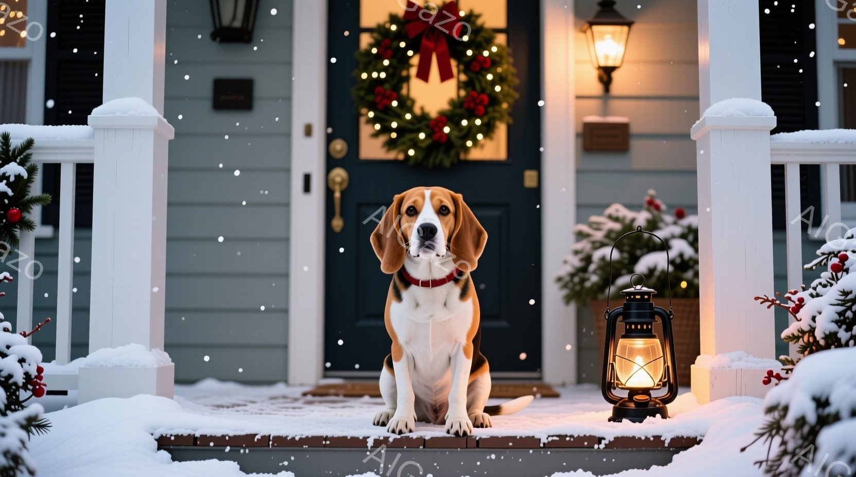 玄関の段に座っているビーグル犬が写っています。赤い首輪をつけ、正面を見て少し微笑んでいるように見えます。背景にはクリスマスリースが飾られた玄関、雪で覆われた植物、そして薄暗い中で灯っているランタンがあ - AI生成フリー素材