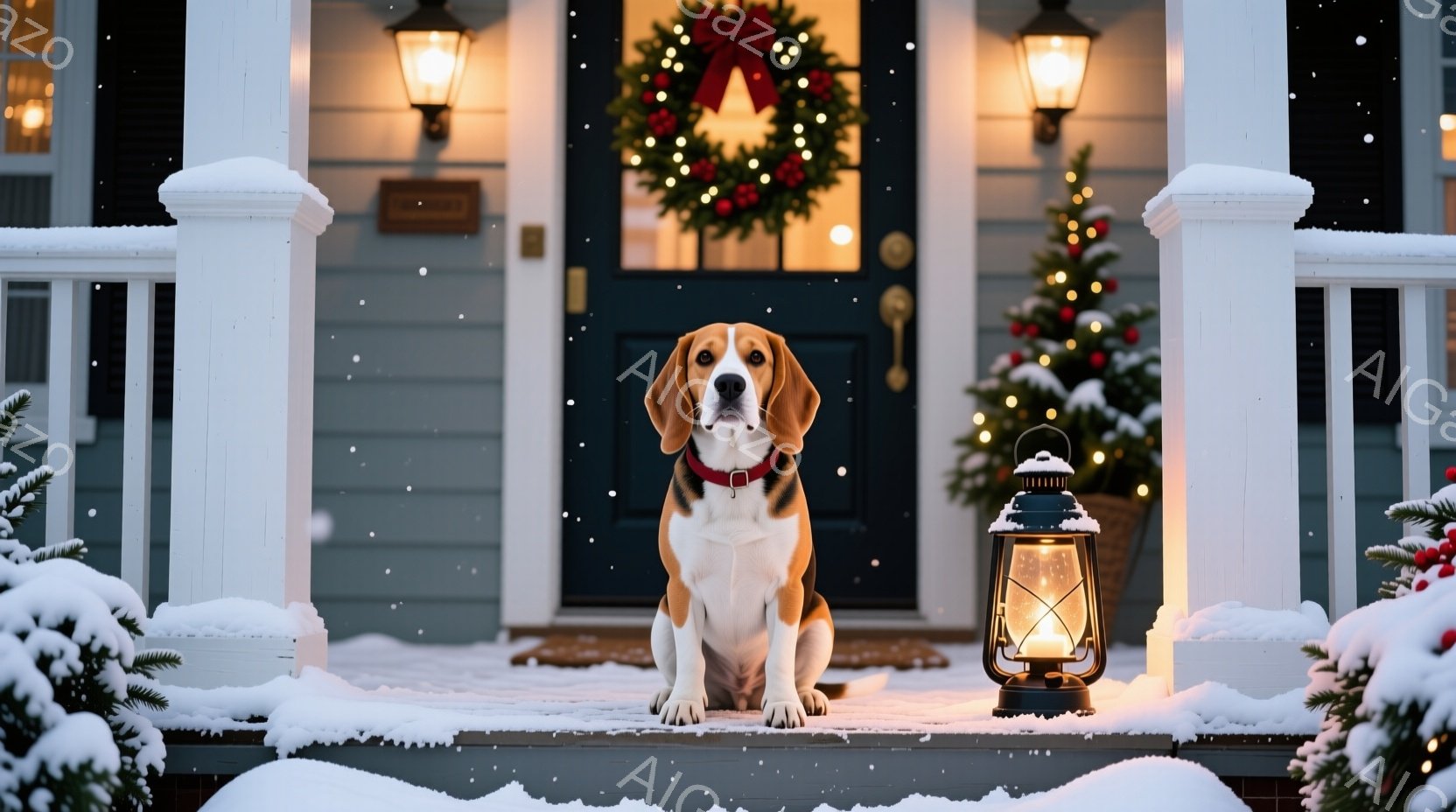 雪が降る家の玄関先に、首輪をつけたビーグル犬が座っています。犬は正面を見つめ、穏やかな表情をしています。背景にはクリスマスリースが飾られた玄関ドア、点灯したランタン、そして雪で覆われた植物が見え、温か - AI生成フリー素材