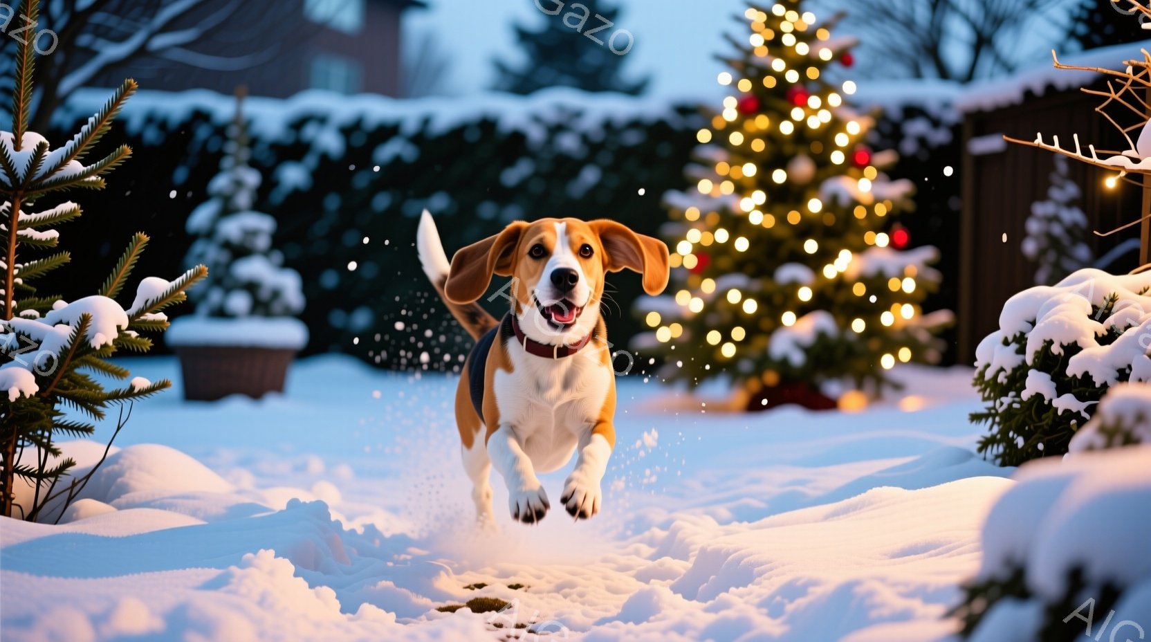 雪景色の中で、ビーグル犬が飛び跳ねて楽しそうに駆け抜けている。背景にはクリスマスツリーが輝き、雪が積もった木々が暖かな光に照らされている。全体的に、冬の喜びと活気に満ちた、心温まる雰囲気である。 - AI生成フリー素材
