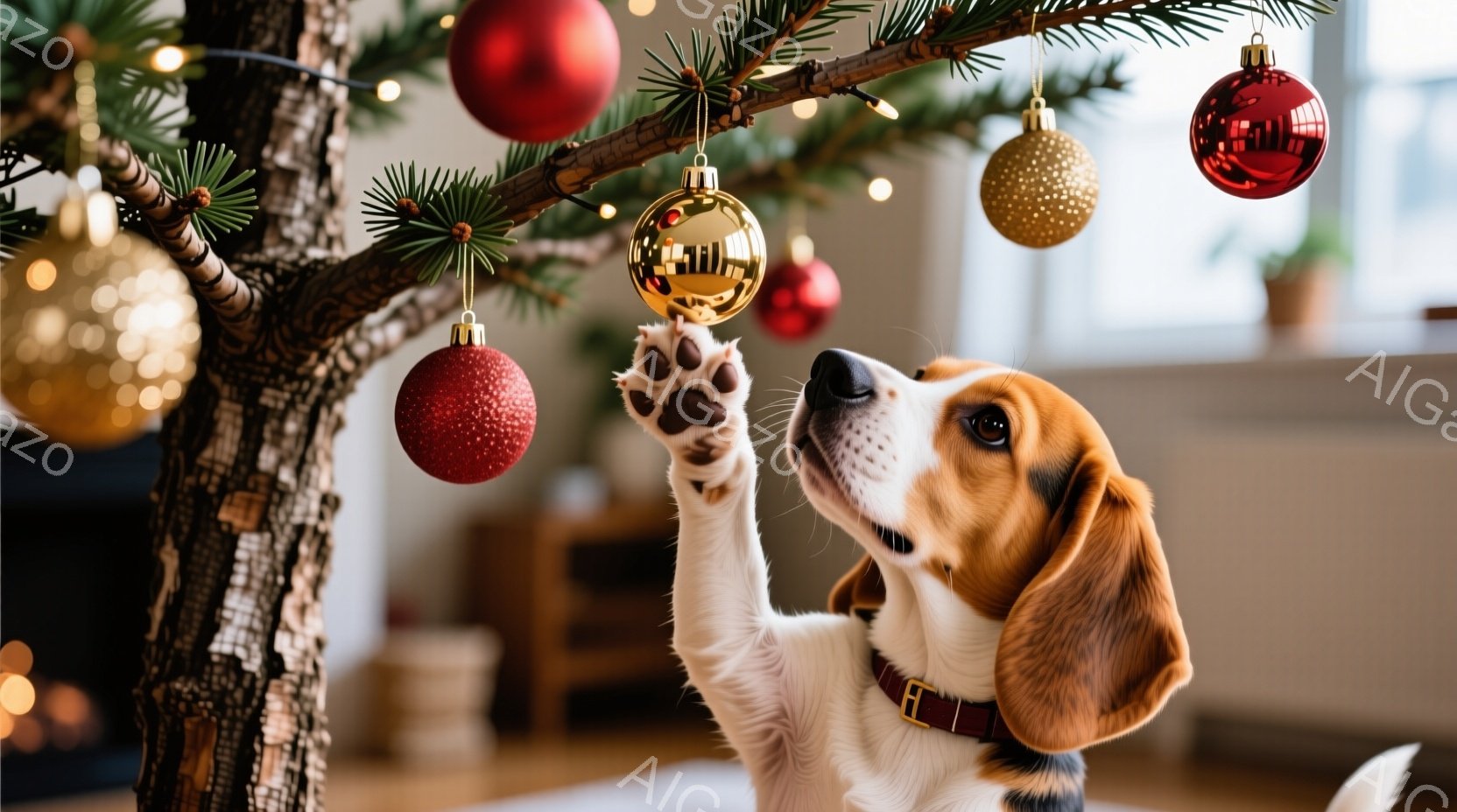 白と茶色のビーグル犬がクリスマスツリーに手を伸ばし、キラキラと光るオーナメントに興味津々です。犬は赤い首輪をつけ、上目遣いで、楽しそうな表情をしています。背景には木製の家具やぼやけた光が暖かく、ホリデ - AI生成フリー素材