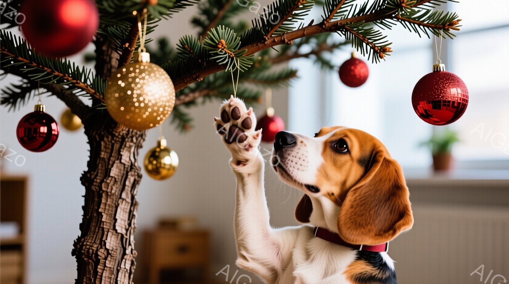 ビーグル犬がクリスマスツリーに手を伸ばし、赤いオーナメントを覗き込んでいる様子が写っています。犬は首輪を付けており、好奇心と遊び心に満ちた表情をしています。背景には、ぼやけた家具や植物が見え、室内でク - AI生成フリー素材