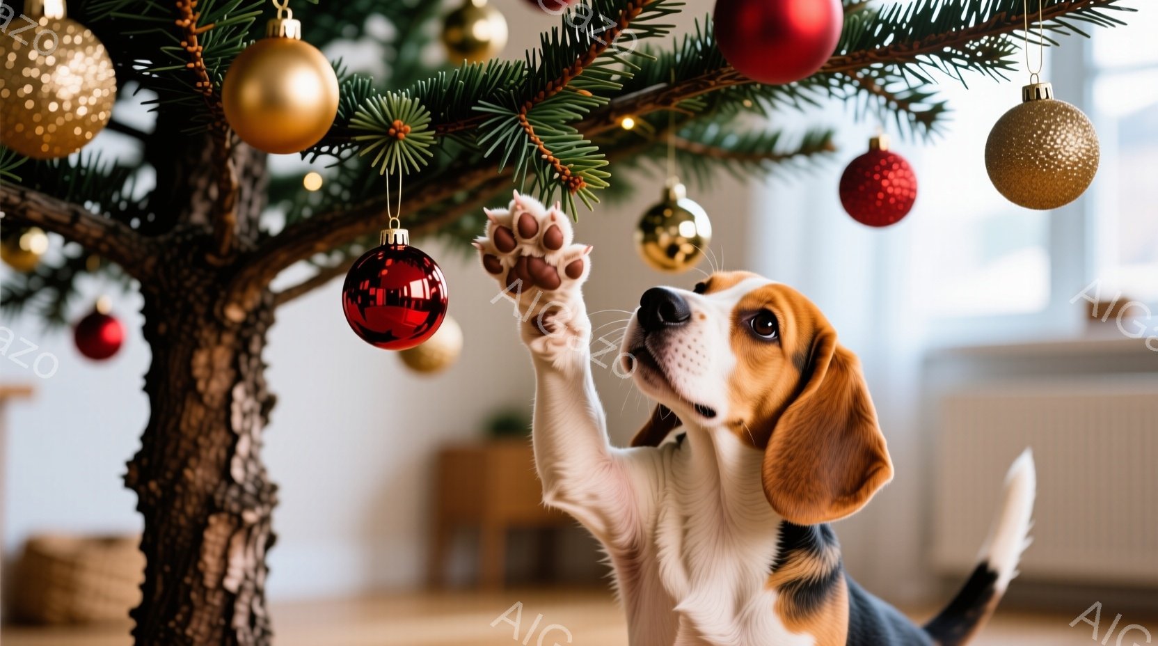 ビーグル犬がクリスマスツリーに手を伸ばし、赤いオーナメントに興味津々で向かっています。犬は片足を上げており、上目遣いでオーナメントを見つめています。背景には薄暗いリビングルームが見え、クリスマスの飾り - AI生成フリー素材