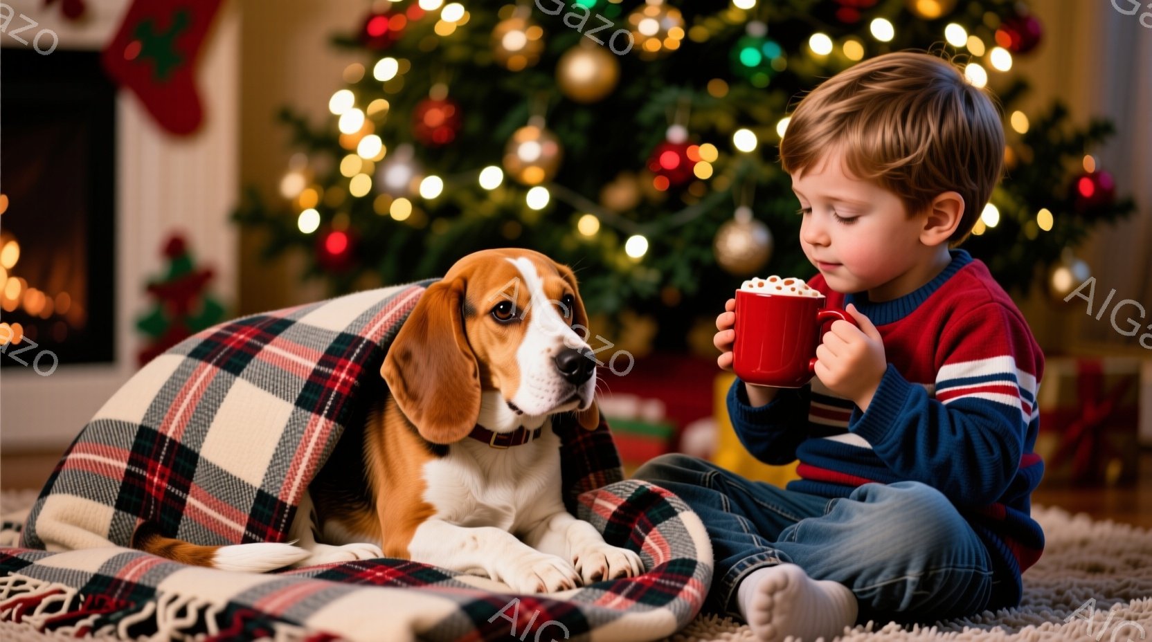 赤毛の少年が床に座り、赤いマグカップに入った飲み物を楽しんでいます。彼は青い長袖シャツに赤いセーターを着ており、明るい笑顔を浮かべています。背景にはクリスマスツリーが飾られ、赤いチェック柄の毛布に寄りかかったビーグル犬がいて、温かく居心地の良いクリスマスの雰囲気を醸し出しています。