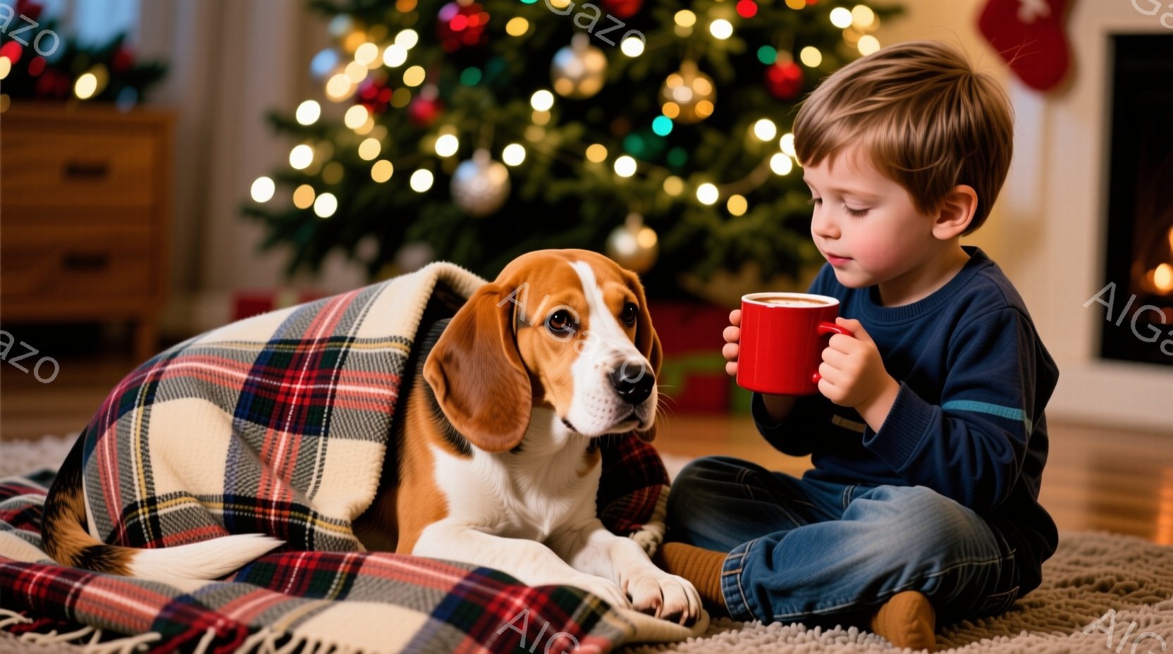 少年は床に座り、赤いマグカップを手に持っています。彼は青いセーターとジーンズを着ており、金髪を短く切っています。犬は少年と寄り添い、チェック柄のブランケットに包まれており、背景にはクリスマスツリーが飾 - AI生成フリー素材