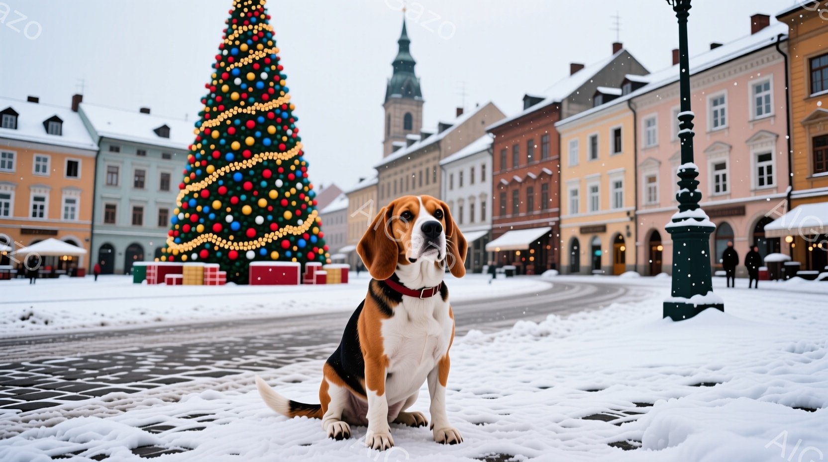 画像は雪に覆われた広場に座るビーグル犬を描いています。犬は茶色の首輪を付けており、まっすぐ前を見て穏やかな表情をしています。背景には、クリスマスツリー、カラフルな建物、そして雪が降る冬の風景が広がって - AI生成フリー素材