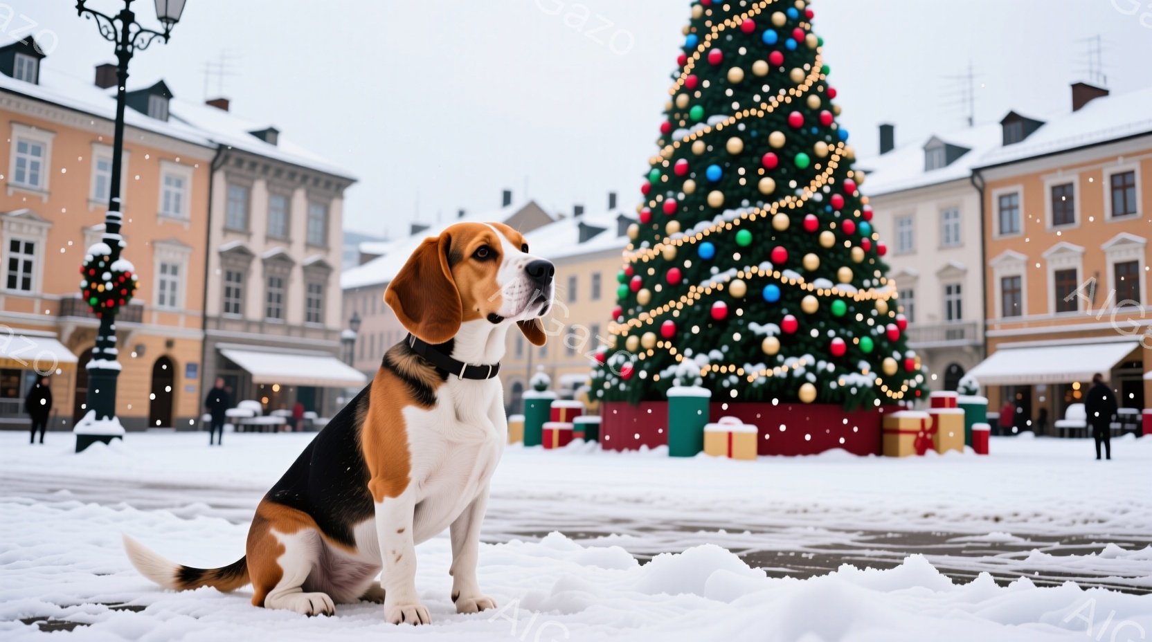 暖炉のそばに揺り椅子があり、その上に愛らしいパグが座っています。パグは少し憂鬱そうな表情で、まるで考え事をしているかのようです。背景には、クリスマスソックスと点灯したイルミネーションがあり、暖かく居心地の良いホリデシーズンを暗示しています。