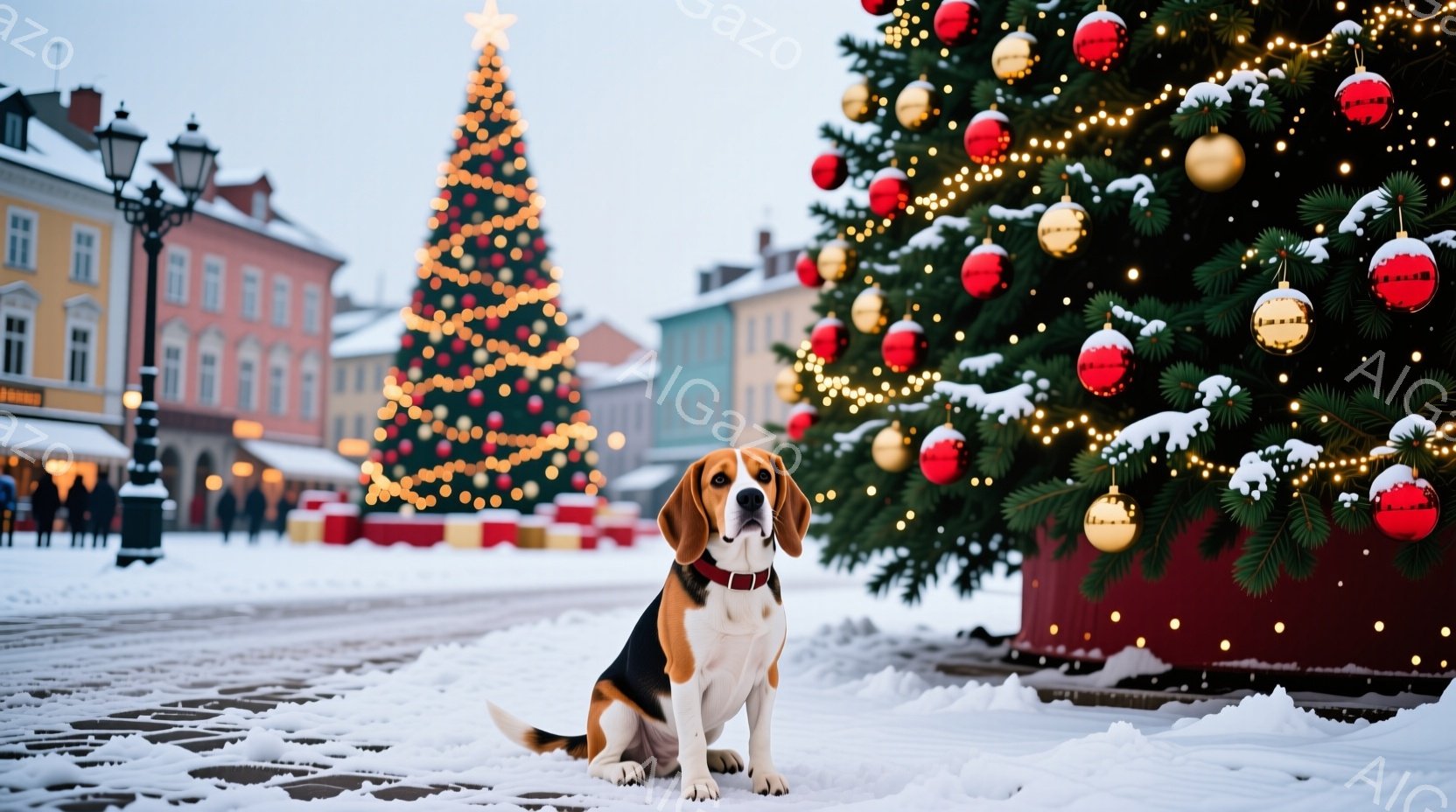 白い雪景色の中に、ビーグル犬が座っています。犬は赤い首輪をつけており、まっすぐ前を見て穏やかな表情をしています。背景にはクリスマスツリーが飾られた広場があり、雪で覆われた建物が立ち並び、冬の暖かい祝祭 - AI生成フリー素材