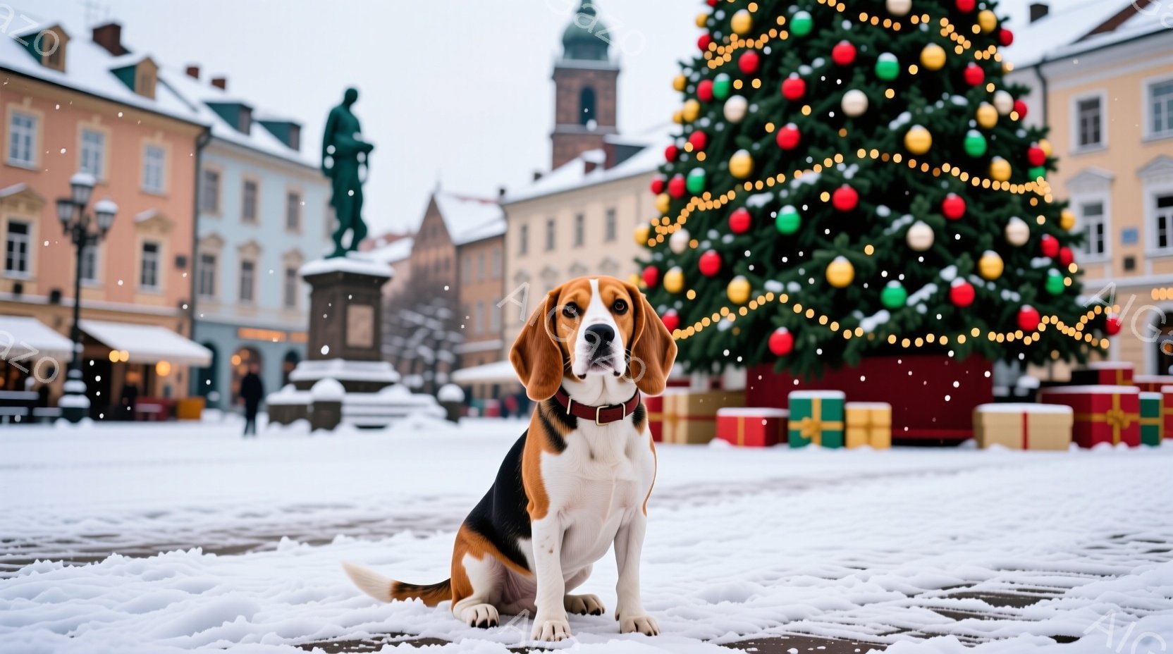 雪が降り積もる広場に、ビーグル犬が座ってこちらを見ている。背景にはクリスマスツリーが飾られ、プレゼントの箱が置かれている。建物はヨーロッパ風で、冬の暖かい雰囲気を感じさせる。 - AI生成フリー素材