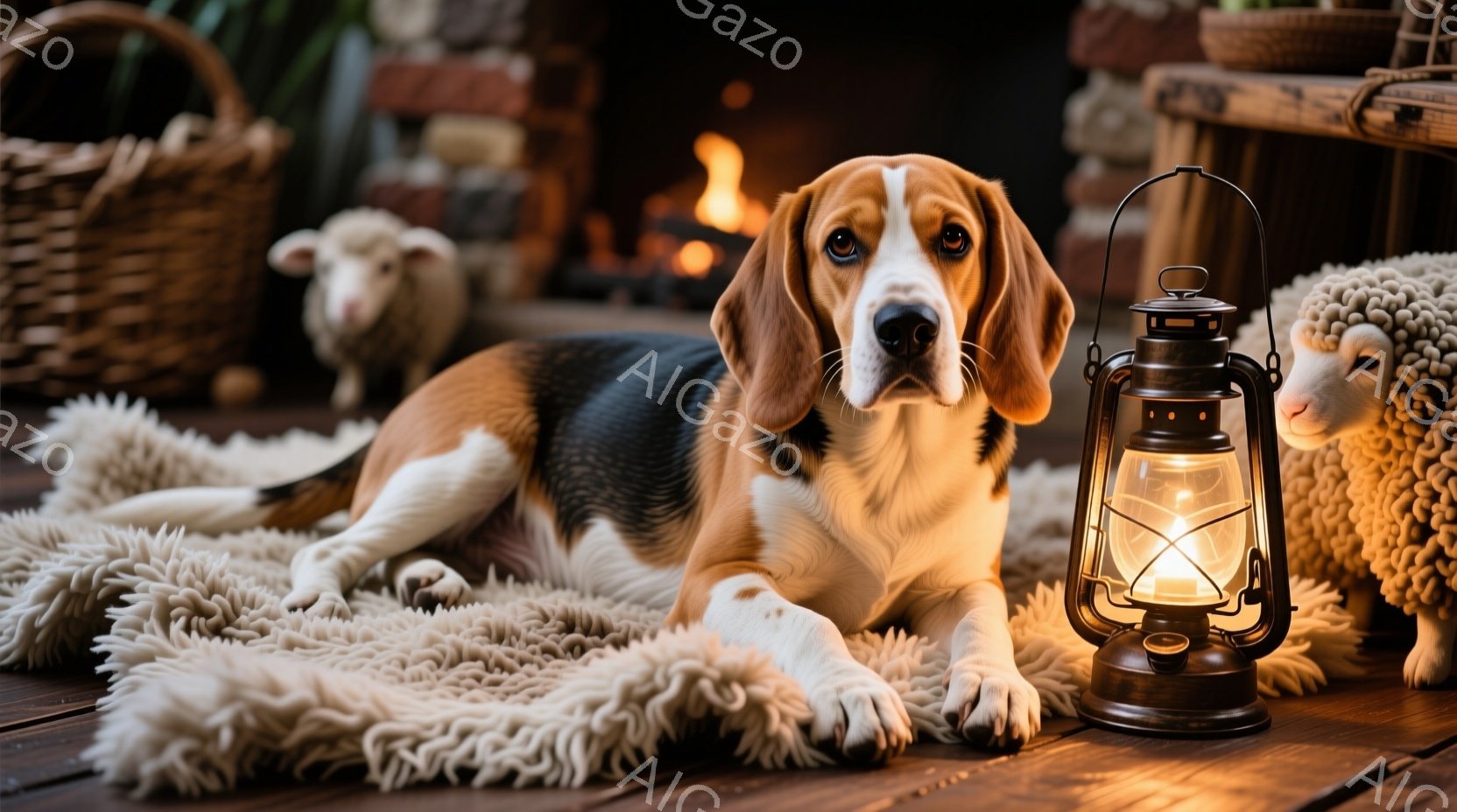 ベージュ色のパグが、クリスマスツリーの足元にあるカーペットの上に座り、緑色のクリスマスライトにぐるぐる巻きにされています。パグは少し口を開けて舌を出し、どこか困ったような、面白い表情をしています。背景には、装飾されたクリスマスツリーと暖炉の炎が見え、暖かいお祝いの雰囲気が漂っています。