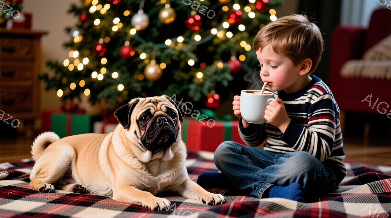 少年はチェック柄の敷物の上で座り、マグカップから何かを飲んでいます。彼は青いズボンと縞模様のセーターを着ており、穏やかな表情をしています。背景には、クリスマスツリーとプレゼントが飾られており、温かく居 - AI生成フリー素材