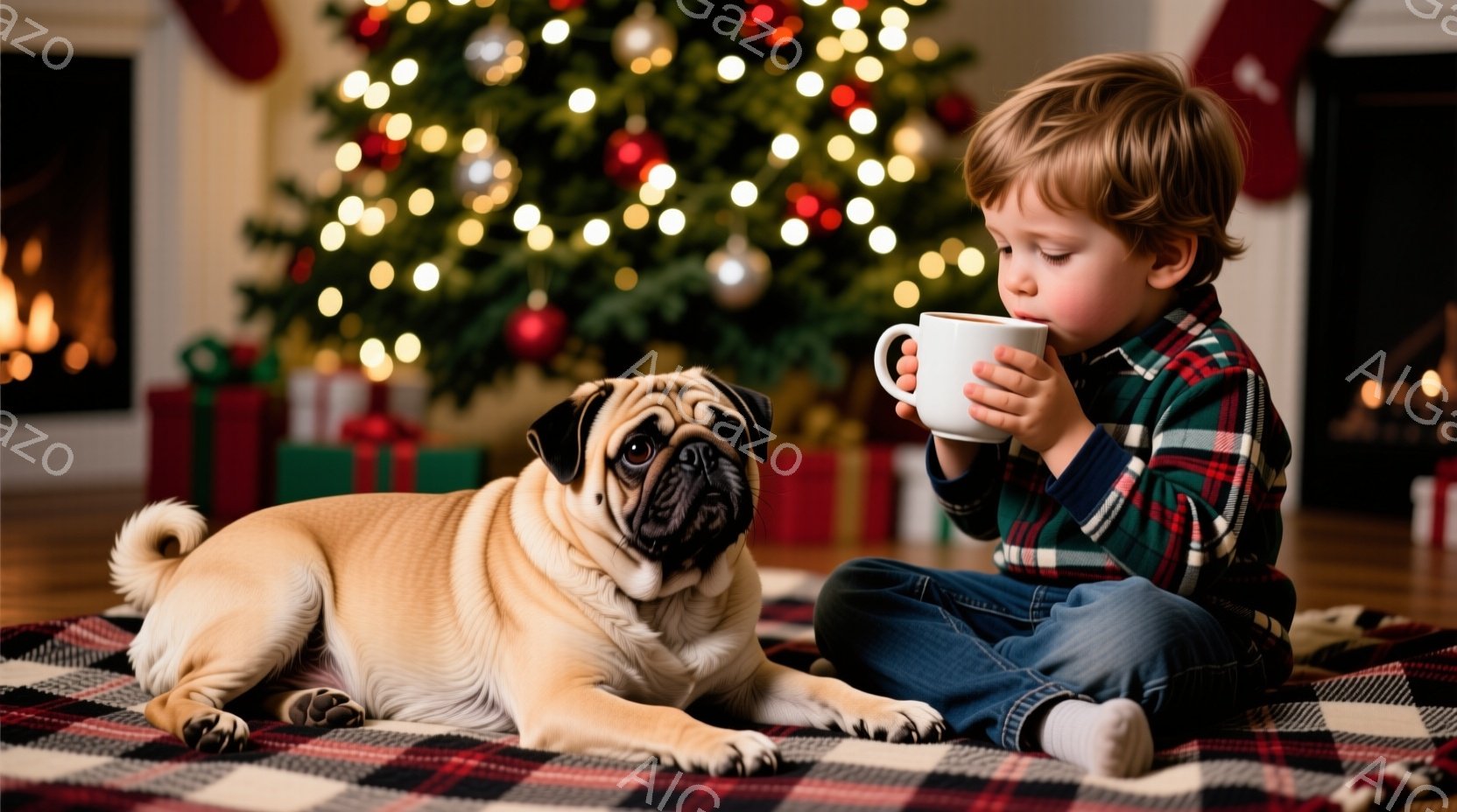 少年はチェック柄のシャツとジーンズを身に着け、床に座ってカップを手に持っています。彼はカップから何かを飲んでいるようで、少し顔をしかめています。背景にはクリスマスツリーがあり、床には赤いチェック柄のブ - AI生成フリー素材