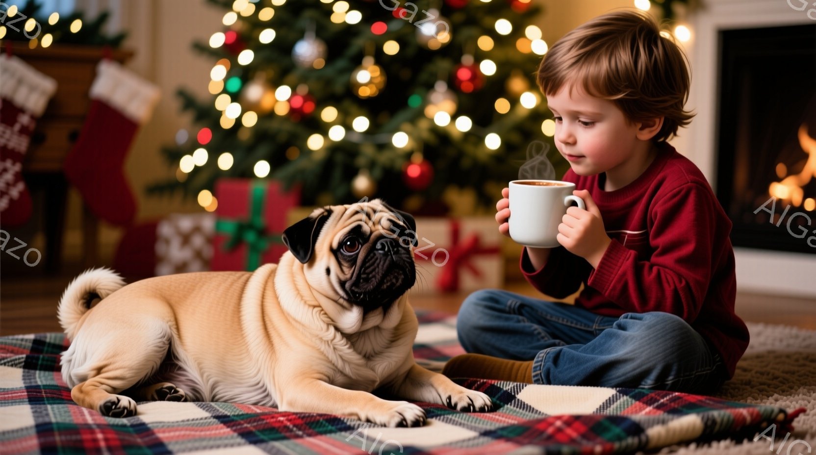 赤毛の少年は赤いセーターを着て、膝を曲げて座り、白いマグカップを両手で持っています。彼は穏やかな表情でカップを見つめており、その隣にはベージュ色のパグが横たわっています。背景にはクリスマスツリーが飾ら - AI生成フリー素材