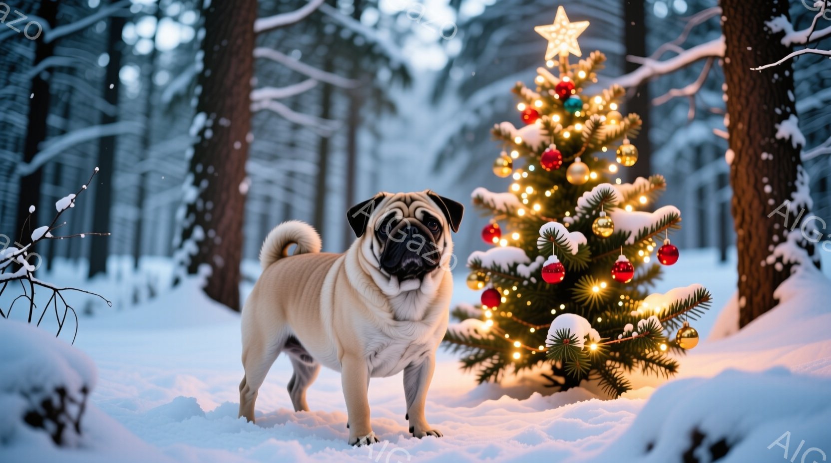雪景色の中に、クリスマスの飾り付けがされた小さなモミの木が立っており、その手前にベージュ色のパグが凛々と立っている。パグは正面を向き、少し真剣な表情でこちらを見つめている。背景には雪をまとった木々が立ち並び、全体的に静かで穏やかな、クリスマスの雰囲気を醸し出している。