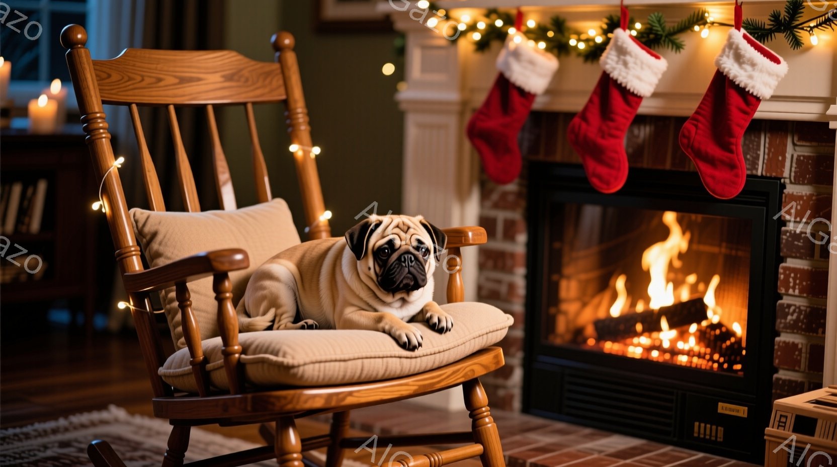 暖炉のそばにあるロッキングチェアに、愛らしいパグが座っています。パグは少し憂いを含んだ表情で正面を見つめており、ゆったりとした姿勢でリラックスしている様子が伺えます。背景にはクリスマスらしい飾り付けや - AI生成フリー素材
