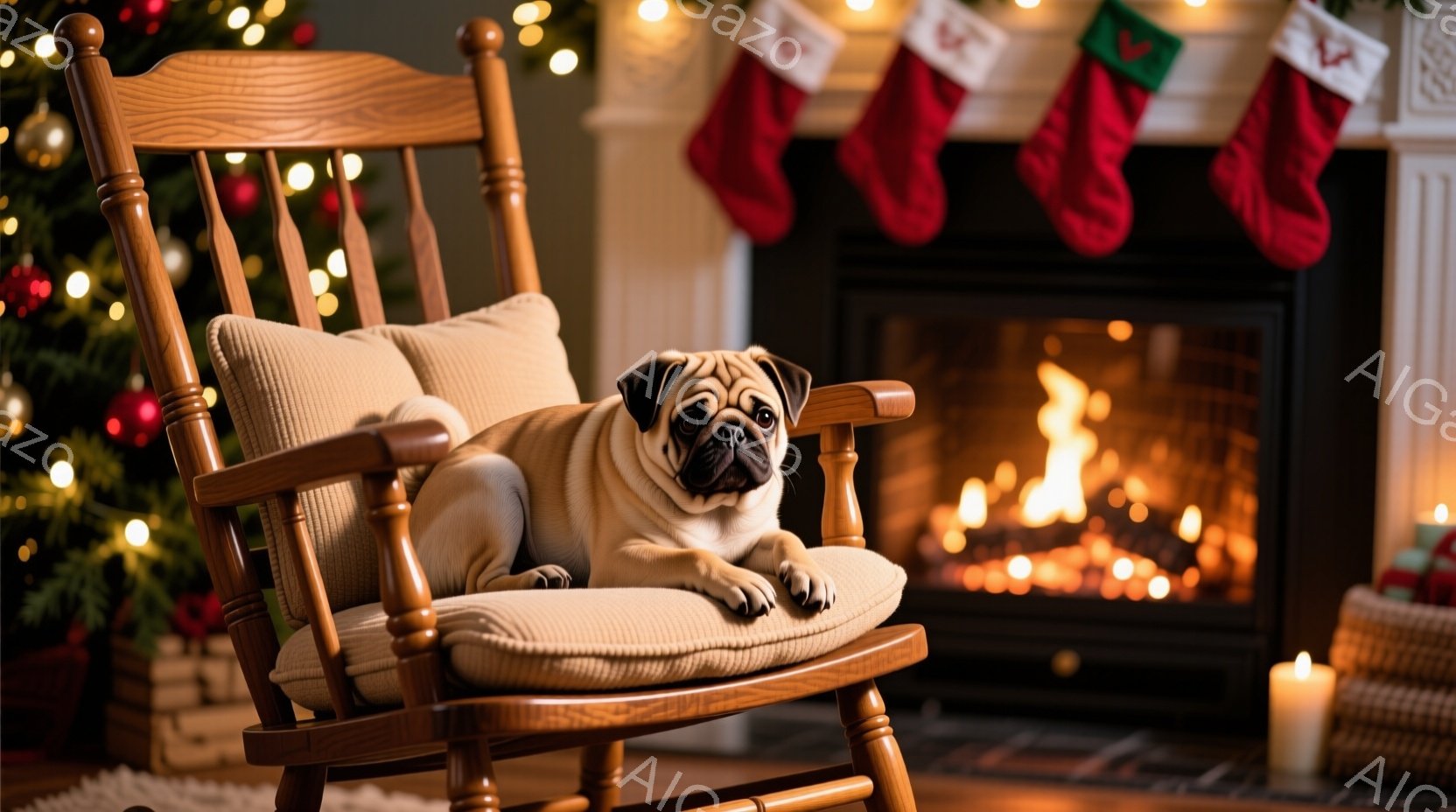 ブチ模様のパグが、クリーム色のクッションが敷かれたロッキングチェアにゆったりと座っています。暖炉の炎が背景にあり、クリスマスの飾り付けと靴下が見え、暖かく居心地の良い雰囲気を醸し出しています。ろうそく - AI生成フリー素材