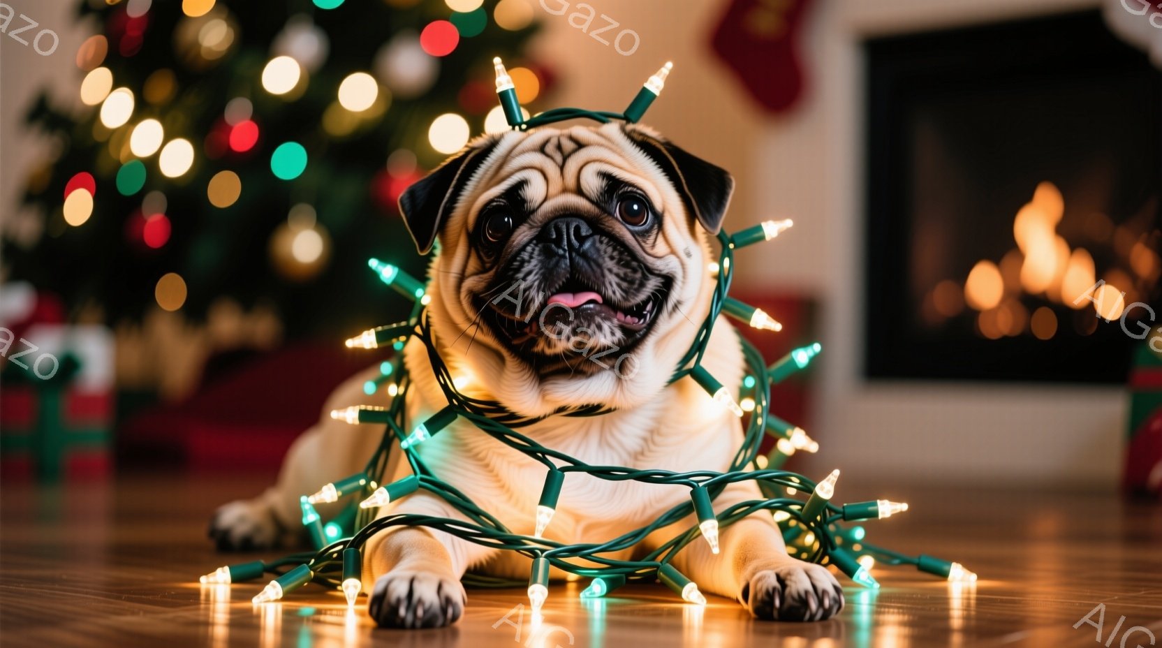 パグがクリスマスツリーのイルミネーションライトに絡まって床に横たわっています。表情は少し間抜けで、舌を少し出しています。背景にはクリスマスツリーと暖炉があり、温かく、お祝いムードの室内が広がっています。